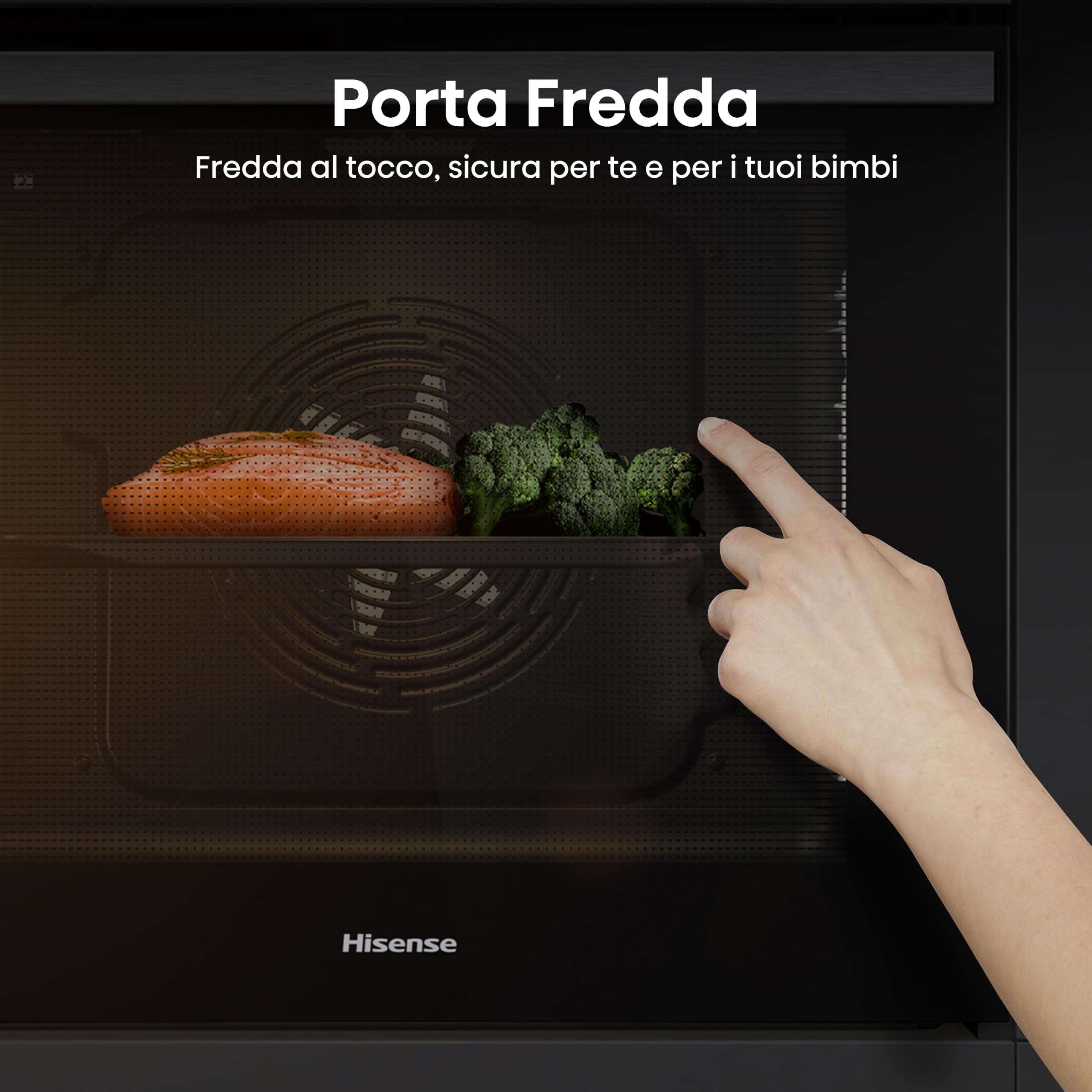 Hisense OP64211EX NUOVO Forno da Incasso Multifunzione 73 litri, Termoventilato, 3 vetri, Pulizia Pirolitica, 13 Funzioni, Pizza 300°C, AirFry, Display Touch, Guide Telescopiche, Inox con Vetro Nero