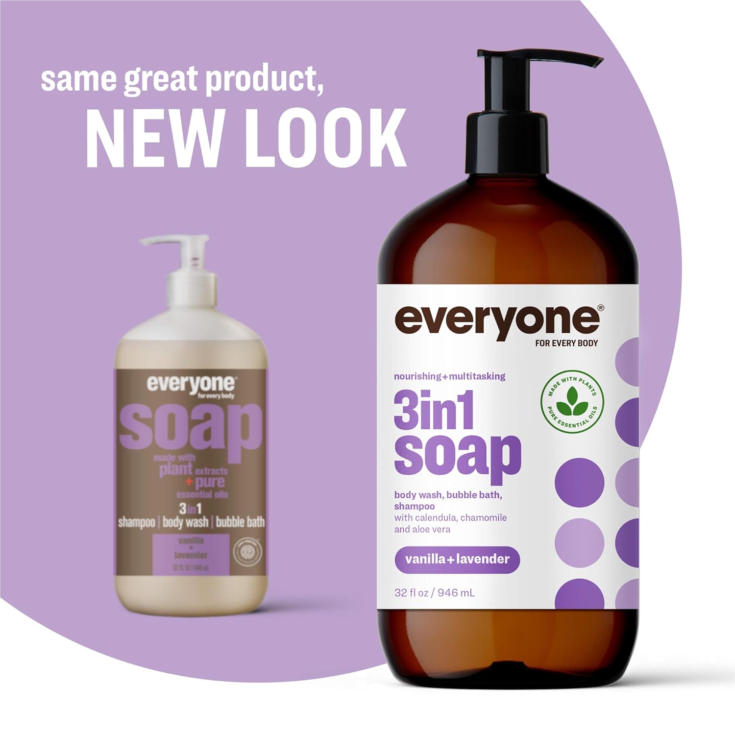 Everyone 3-in-1 Soap, Body Wash, Bubble Bath, Shampoo, 32 Ounce (Pack of 2), Vanilla and Lavender, Coconut Cleanser with Organic Plant Extracts and Pure Essential Oils (Packaging May Vary) : Beauty & Personal Care