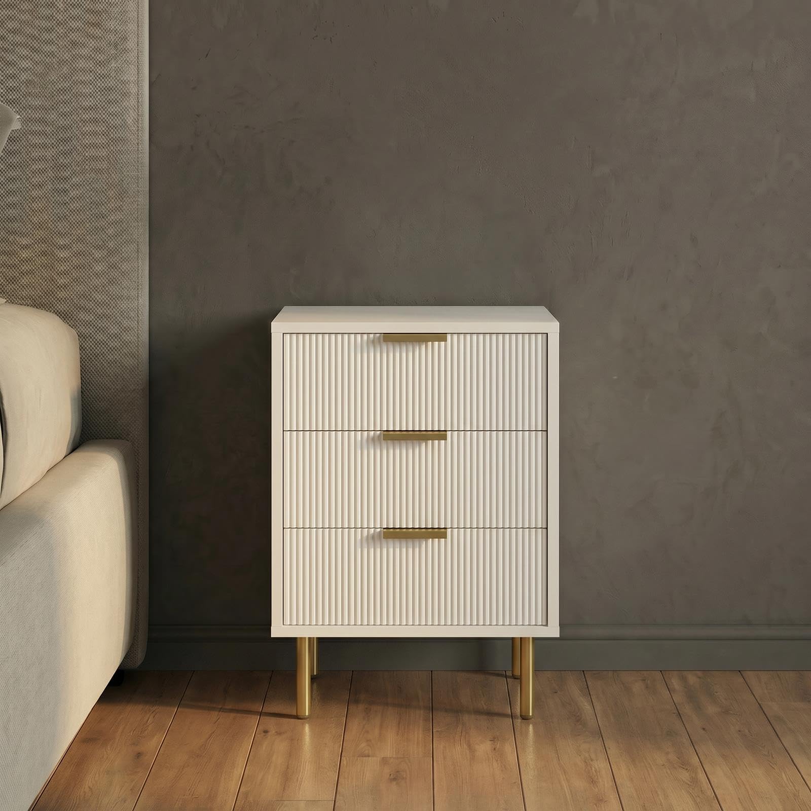 OHS Cream Bedside Table 3 Drawer Ribbed Wooden Nightstand Unit End Table — image 1