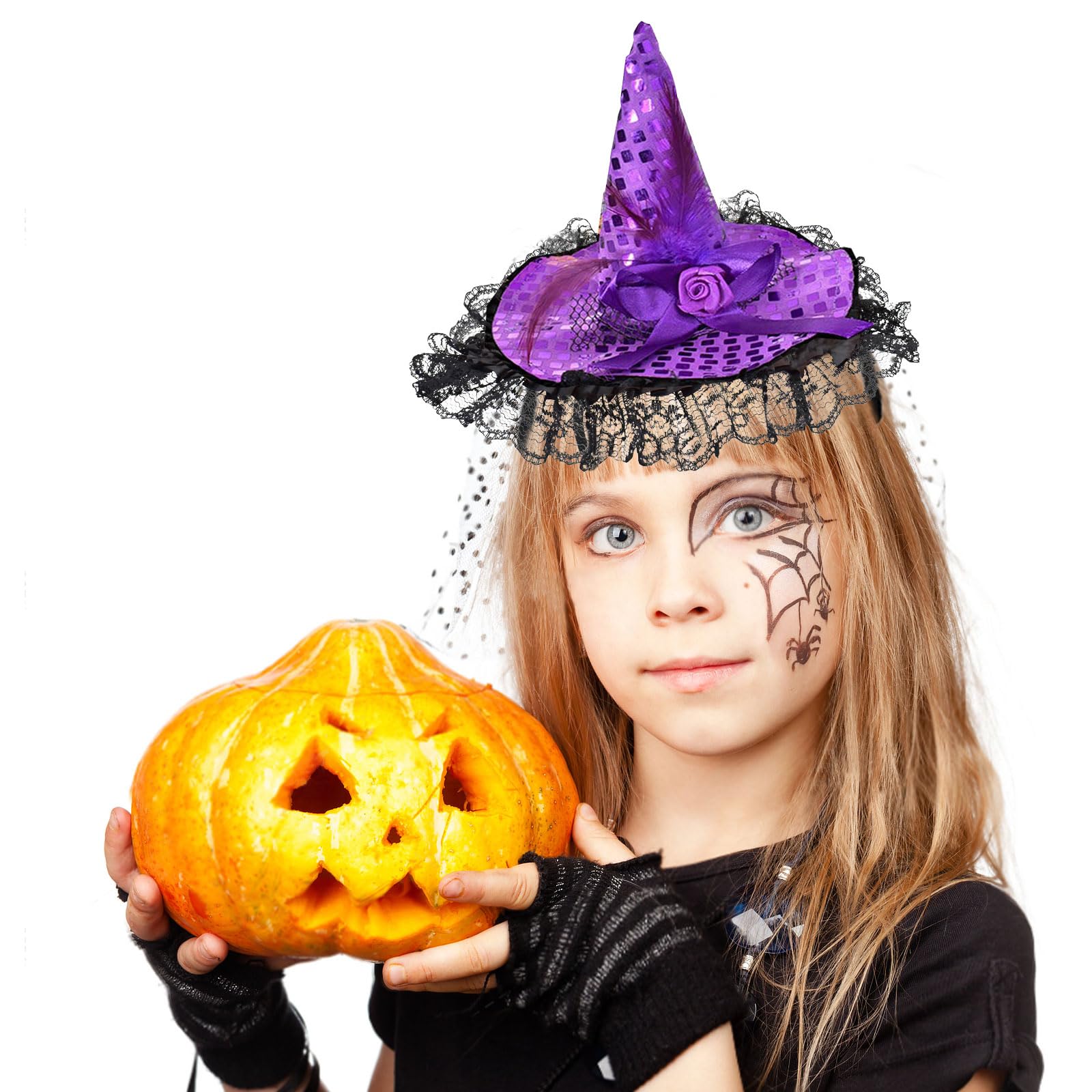 Opaska na głowę z kapeluszem czarownicy, opaska na głowę na Halloween z koronką z piórami kokarda, dekoracyjna opaska do włosów czarownicy, na imprezę maskową, cosplay Halloween