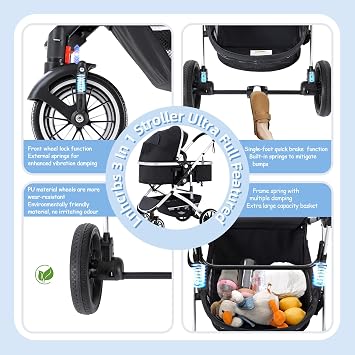 3 in 1 Stroller, Travel Stroller is a Quick One-Click Folding, High Landscape Pushchair with an Enlarged Pram (38.5cm), Convertible Pram and Pushchair, for 22KG, 0-4 Years(Black)