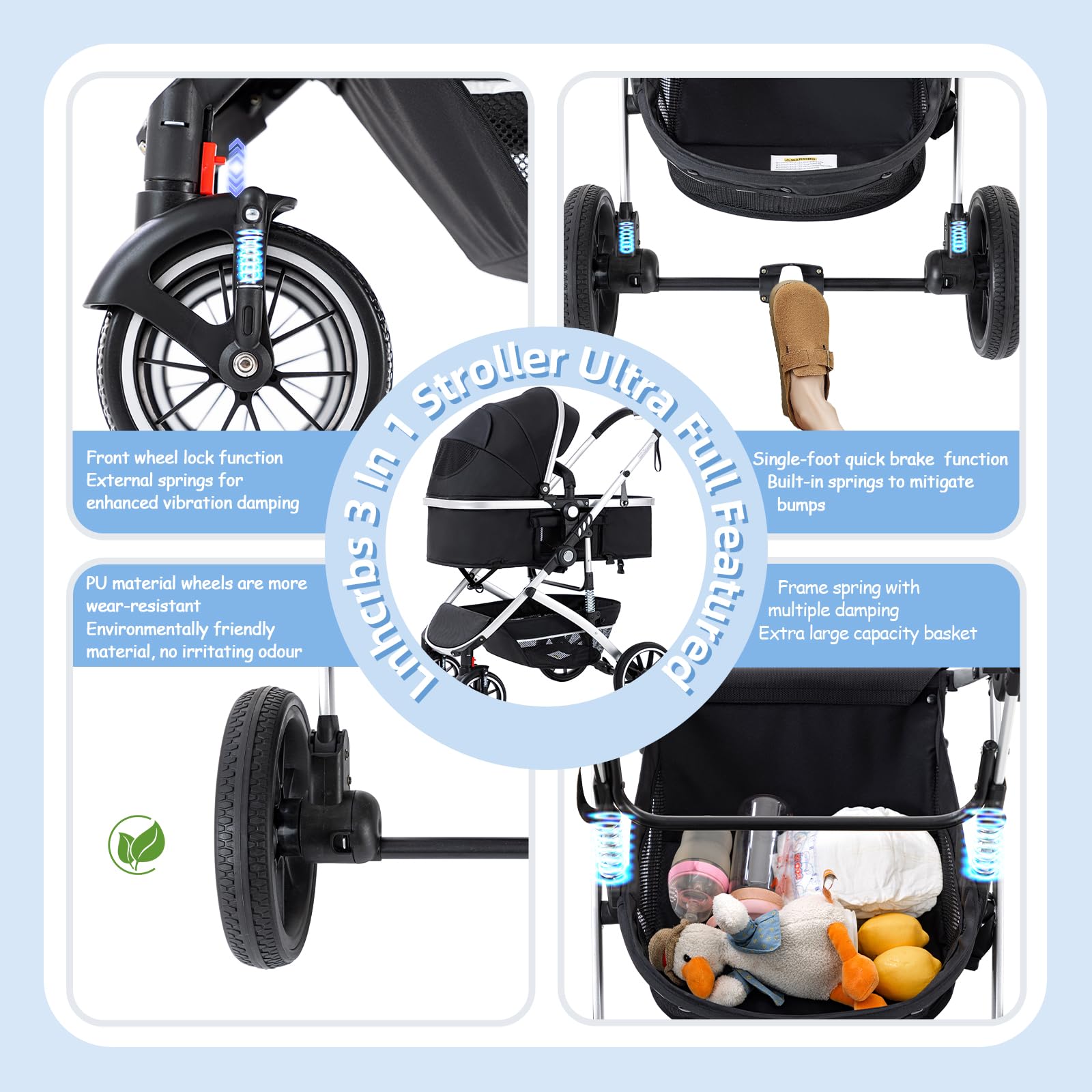 Cochecito de Bebé 3 en 1, Cochecito Plegable en Un Clic, Cochecito Alto con Asiento Ancho y Acogedor (38.5cm), Se Puede Bloquear las Ruedas Delanteras