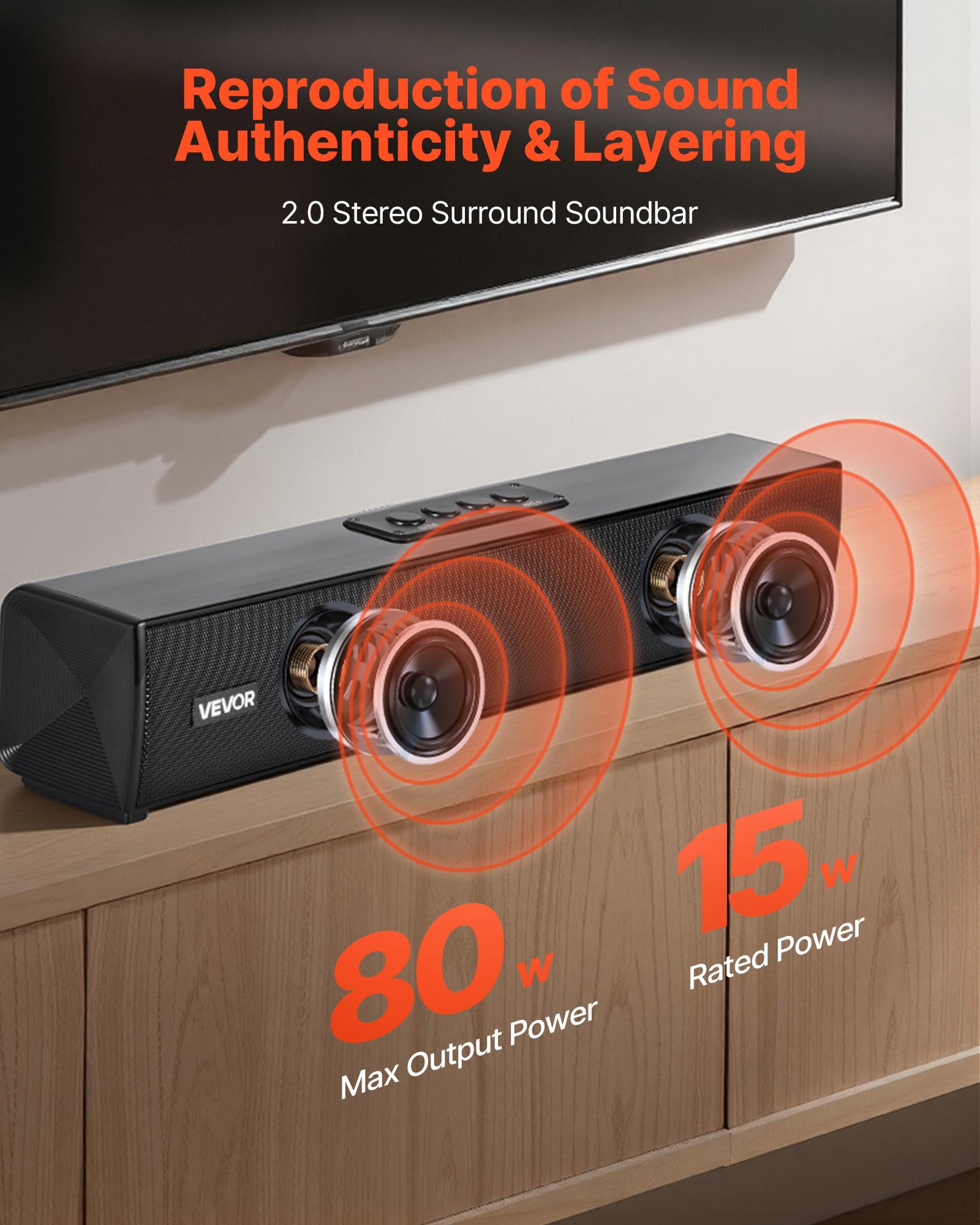 VEVOR Sound Bar do Smart TV, 2.0-kanałowy, kompaktowy soundbar, do projektora, połączenie Bluetooth AUX, pilot zdalnego sterowania, łatwa konfiguracja, system dźwięku przestrzennego 80 W, do komputera