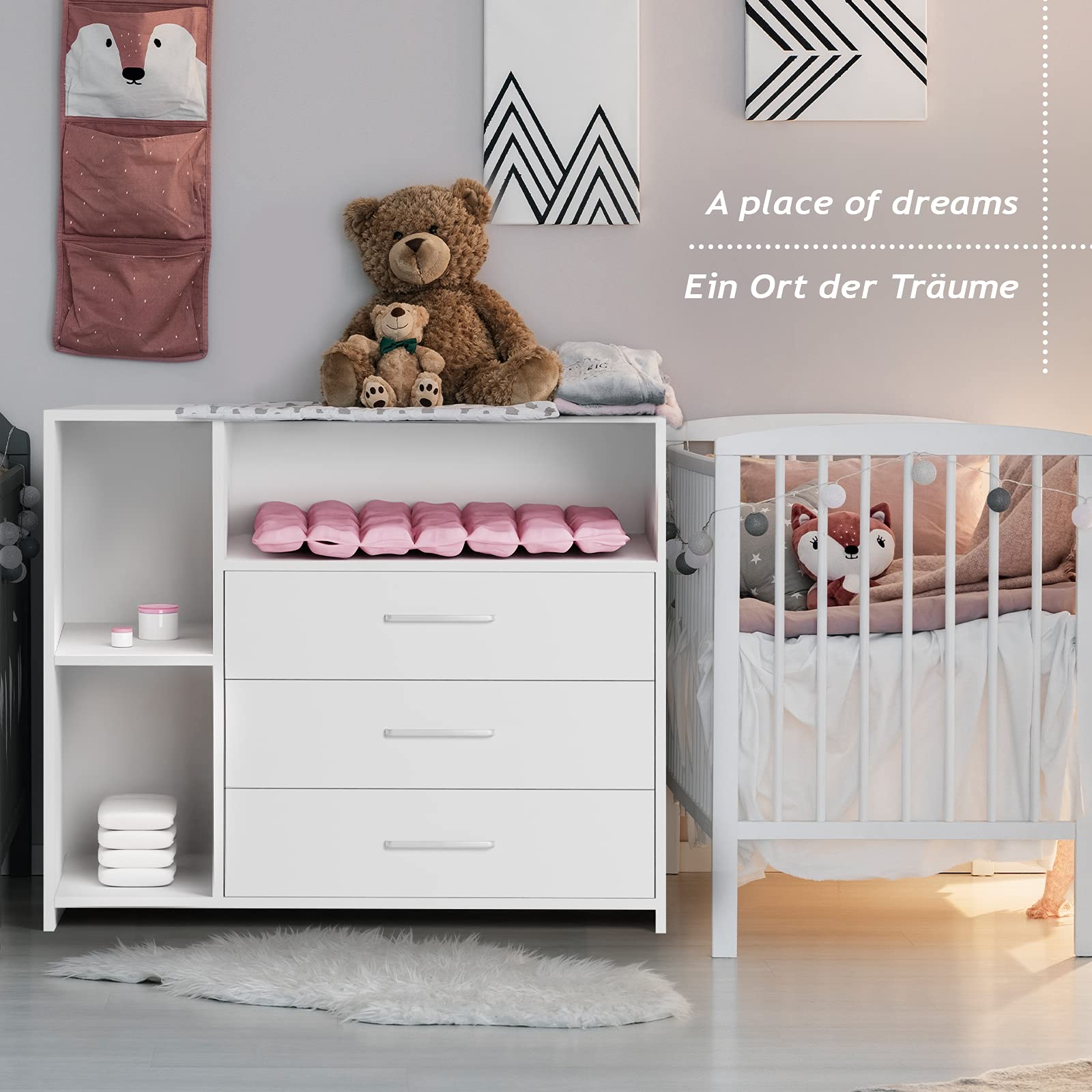 Infantastic Wickelkommode 3 Schubladen 3 Fächer 113x53x101.6 cm MDF Weiß Grau Sonoma Baby Kommode Wickeltisch