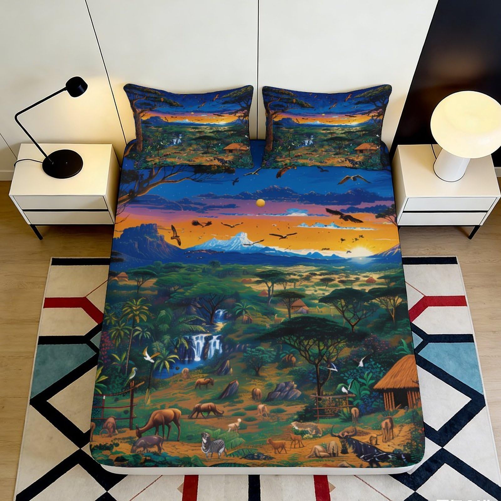 3D Printed African Sunset Landscape Fitted Sheet Microfiber Vibrant Savannah Wildlife Mattress Cover for Bedroom Dorm Decor 90x200x25cm