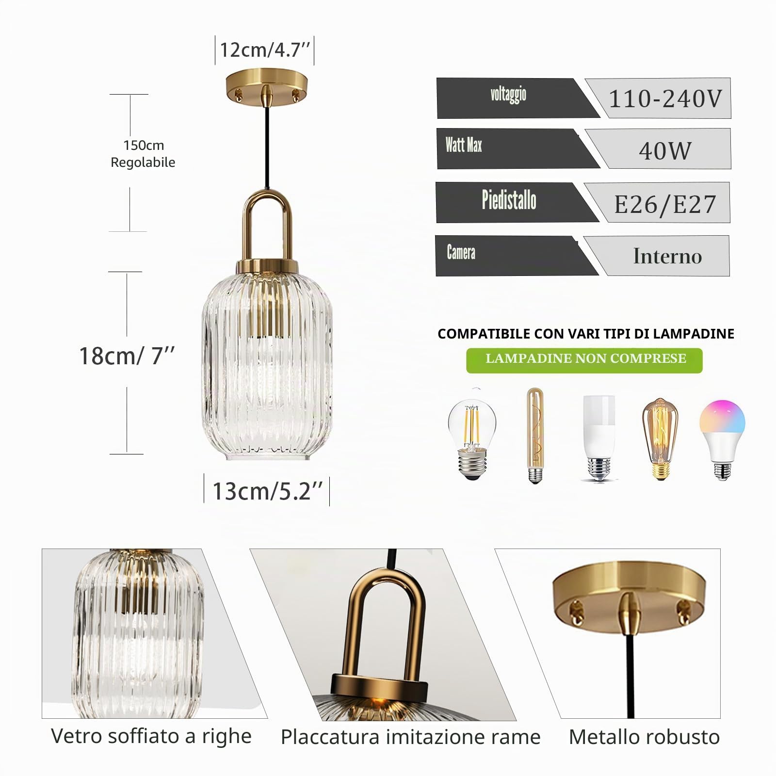 Lampada a Sospensione in Vetro Trasparente con Paralume in Vetro Rigato e Finitura Bronzo, Lampada a Sospensione Moderna Retro Plafoniera (`140mm)