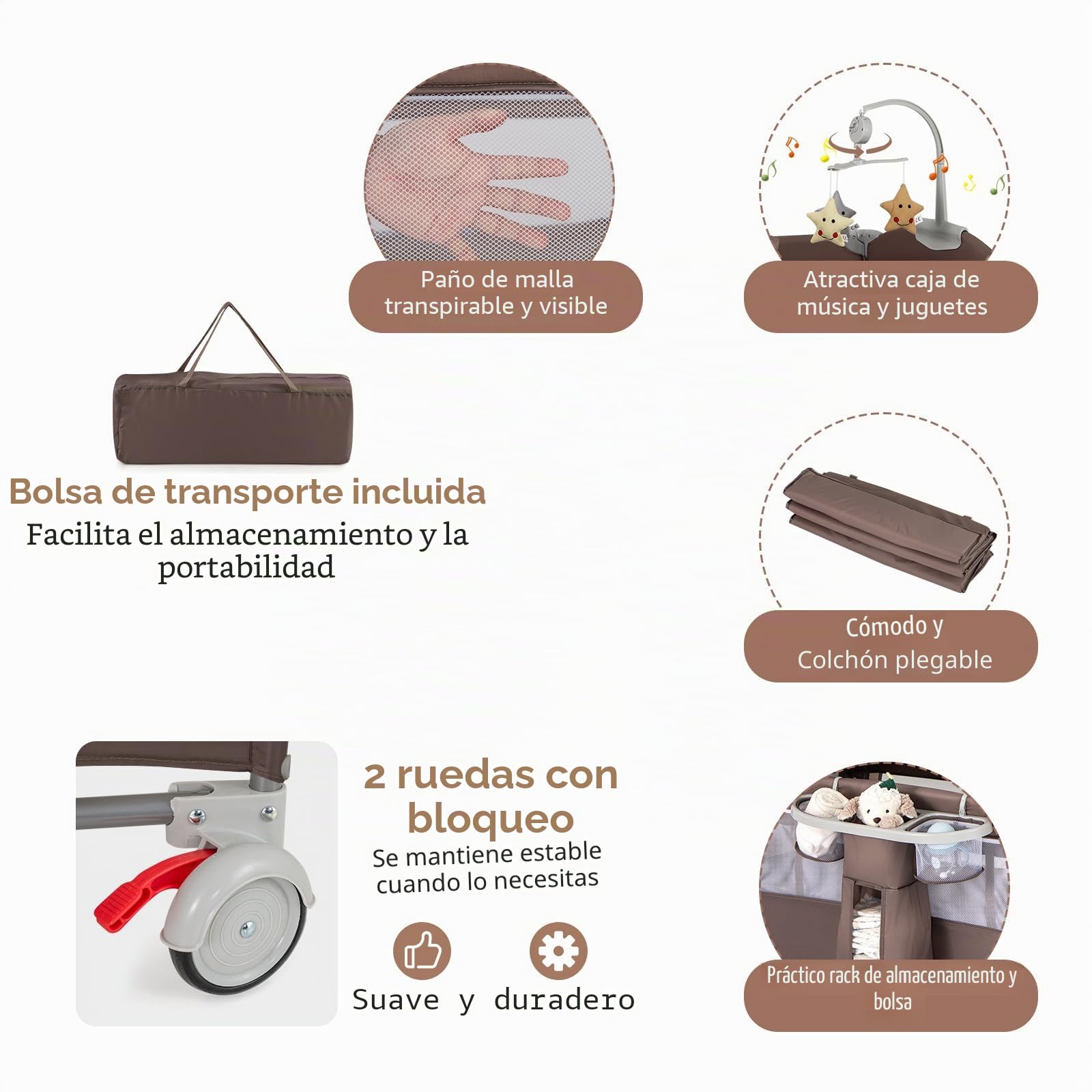 LIFEZEAL Cuna Plegable para Bebé, Cuna Cama para Bebé con Cambiador, Cuna de Viaje con Arco de Juegos y Campanas Musicales, Cuna Móvil con Bolsa de Almacenaje, para 0-36 Meses (Café)