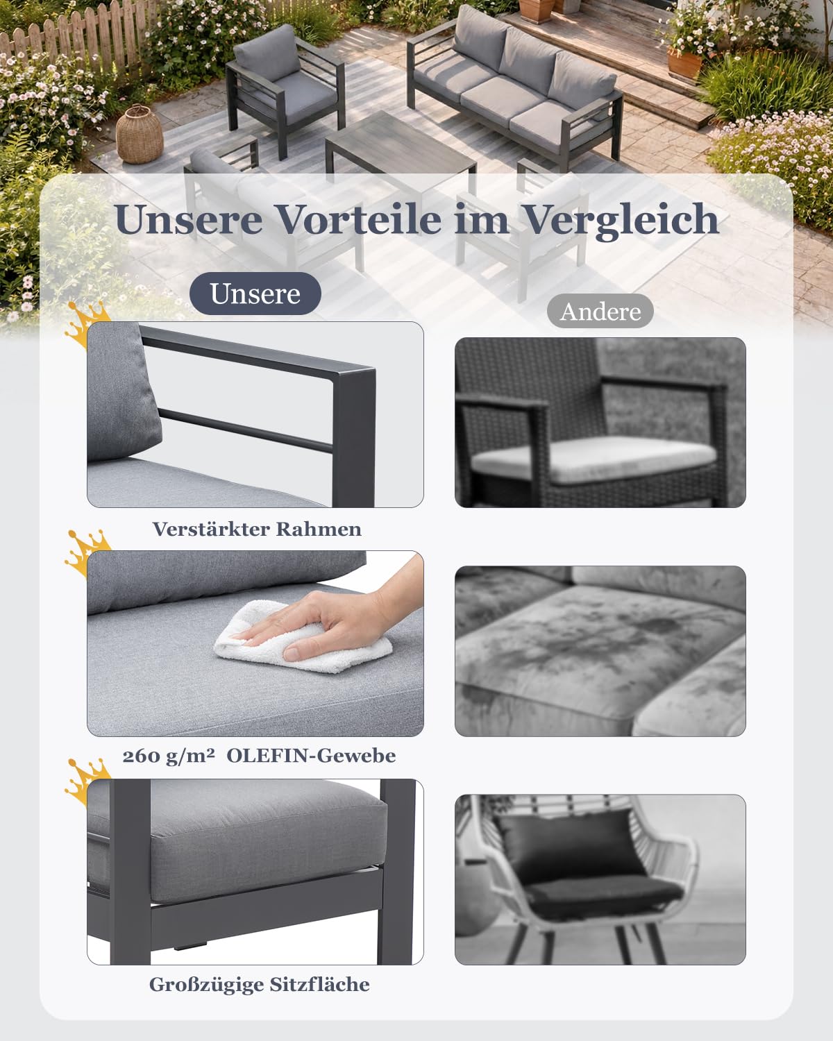 Atenza Aluminium Gartenmöbel Set Lounge Sitzgruppe 6-7 Personen | 5-teilige Outdoor Gartengarnitur mit WPC-Couchtisch, 12cm dicken Kissen & waschbaren Kissenbezügen für Terrasse & Balkon