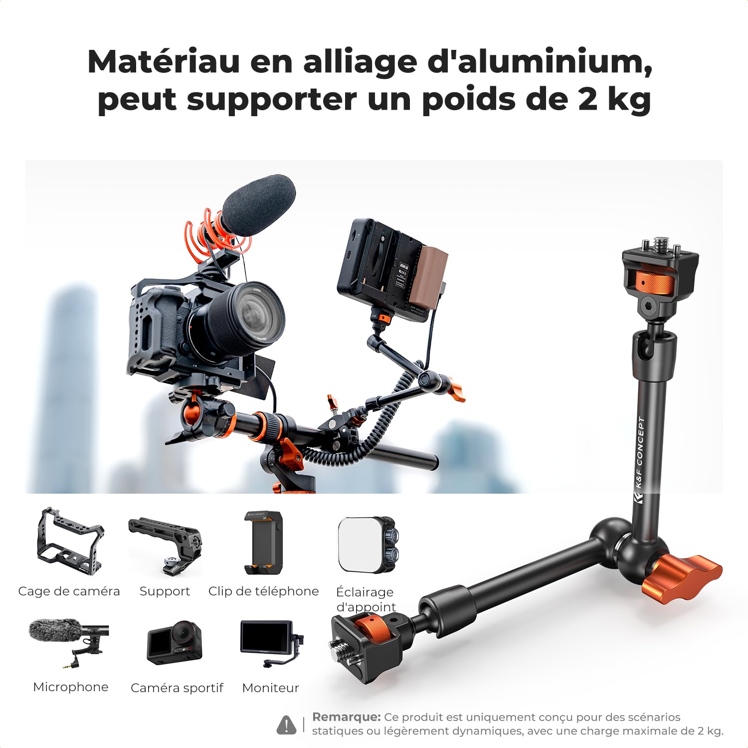 K&F CONCEPT Bras Magique 11 Pouce avec Pince Super Clamp et Vis 1/4'' 3/8'', Support Articulé Réglable pour Moniteur, Appareil Photo, Lumière LED, Microphone, Trépied Vidéo