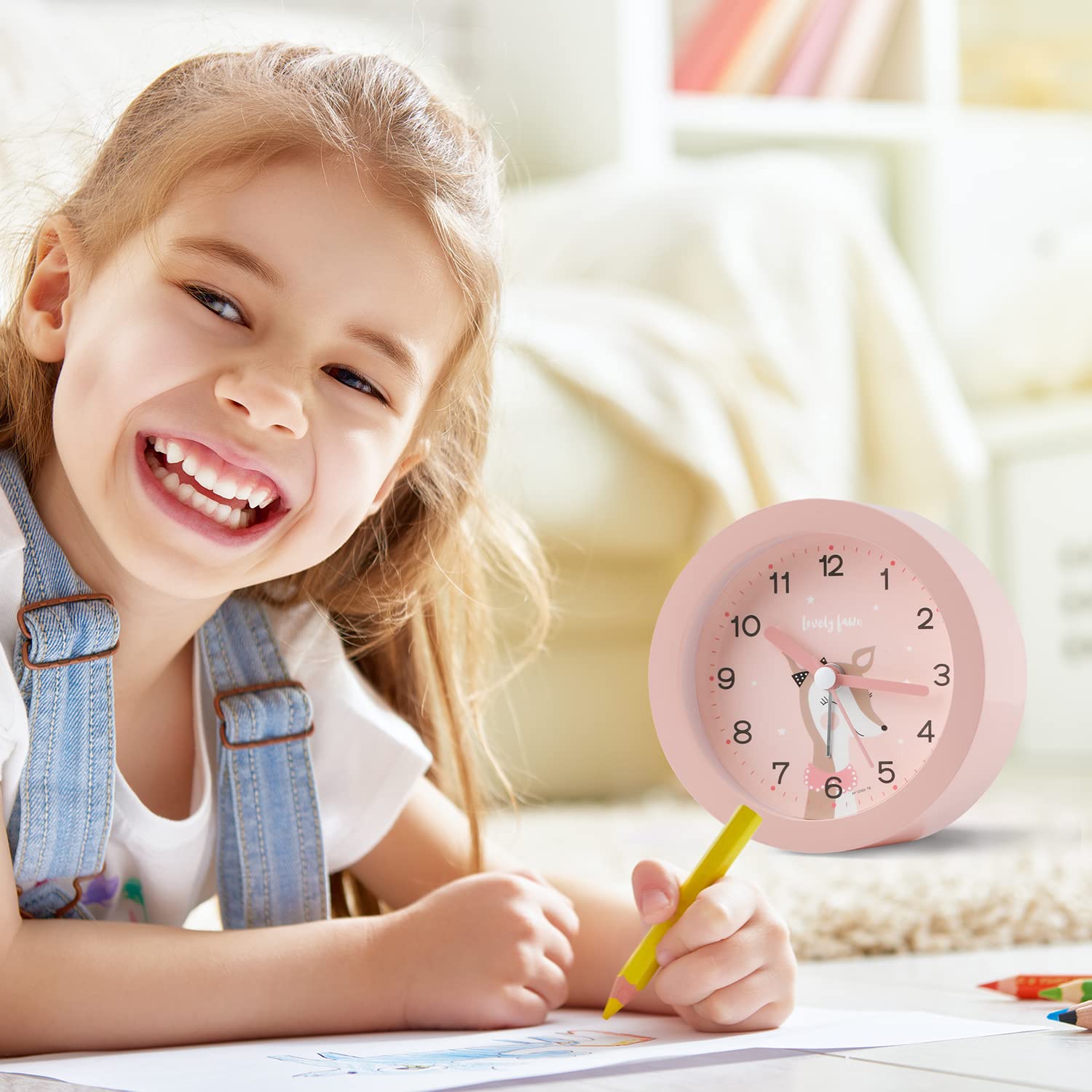Juboos Despertador, Despertador Infantil simulado, Bonito Reloj Alarma Infantil, Alarma silencioso para niños y niñas con luz Nocturna (Rosa)
