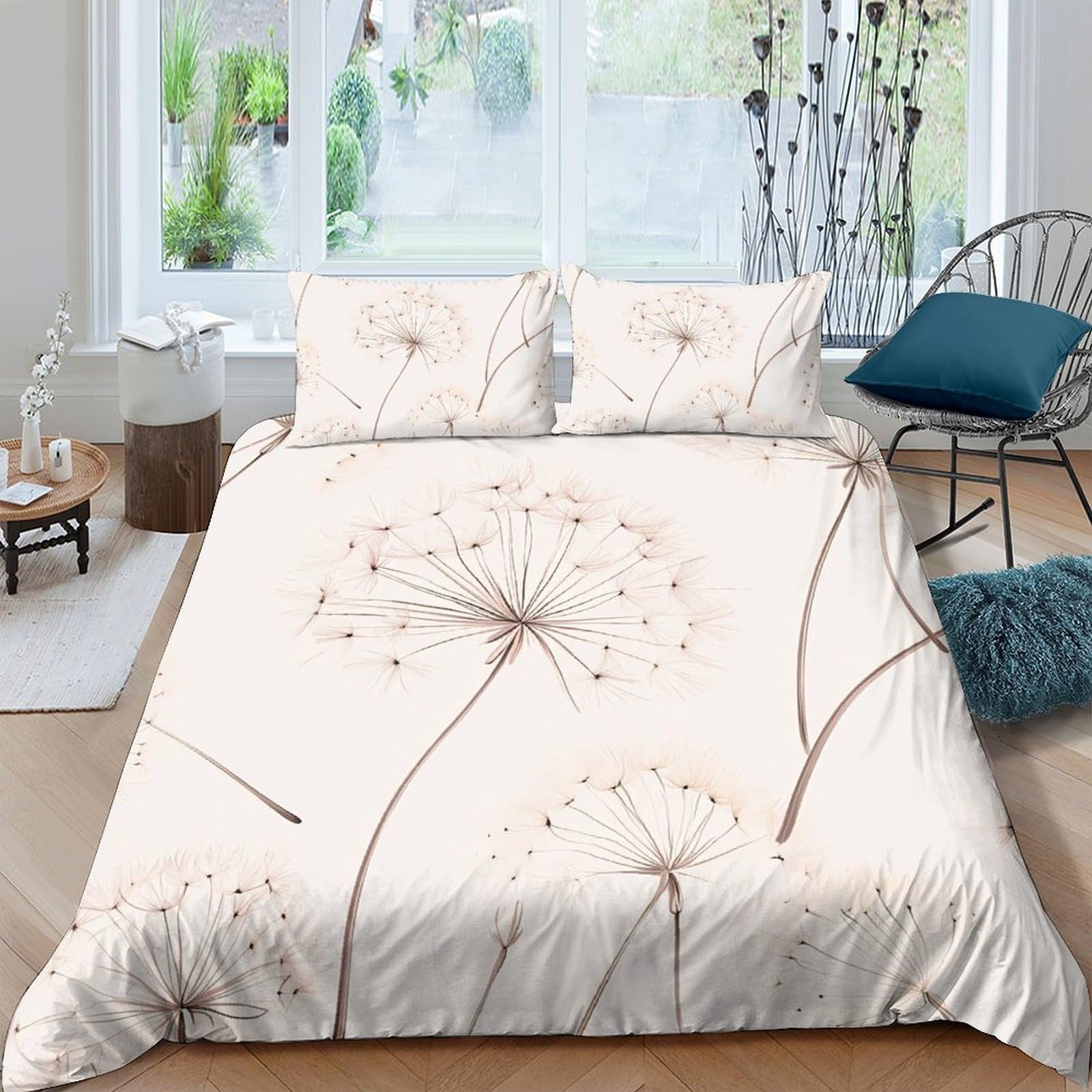 GPLZQXKJNH 3D Printed Dandelion Flower Duvet Cover Microfiber Bedding Set with 2 Pillowcases, Beige Nature Decor for Bedroom Home Single（135x200cm）