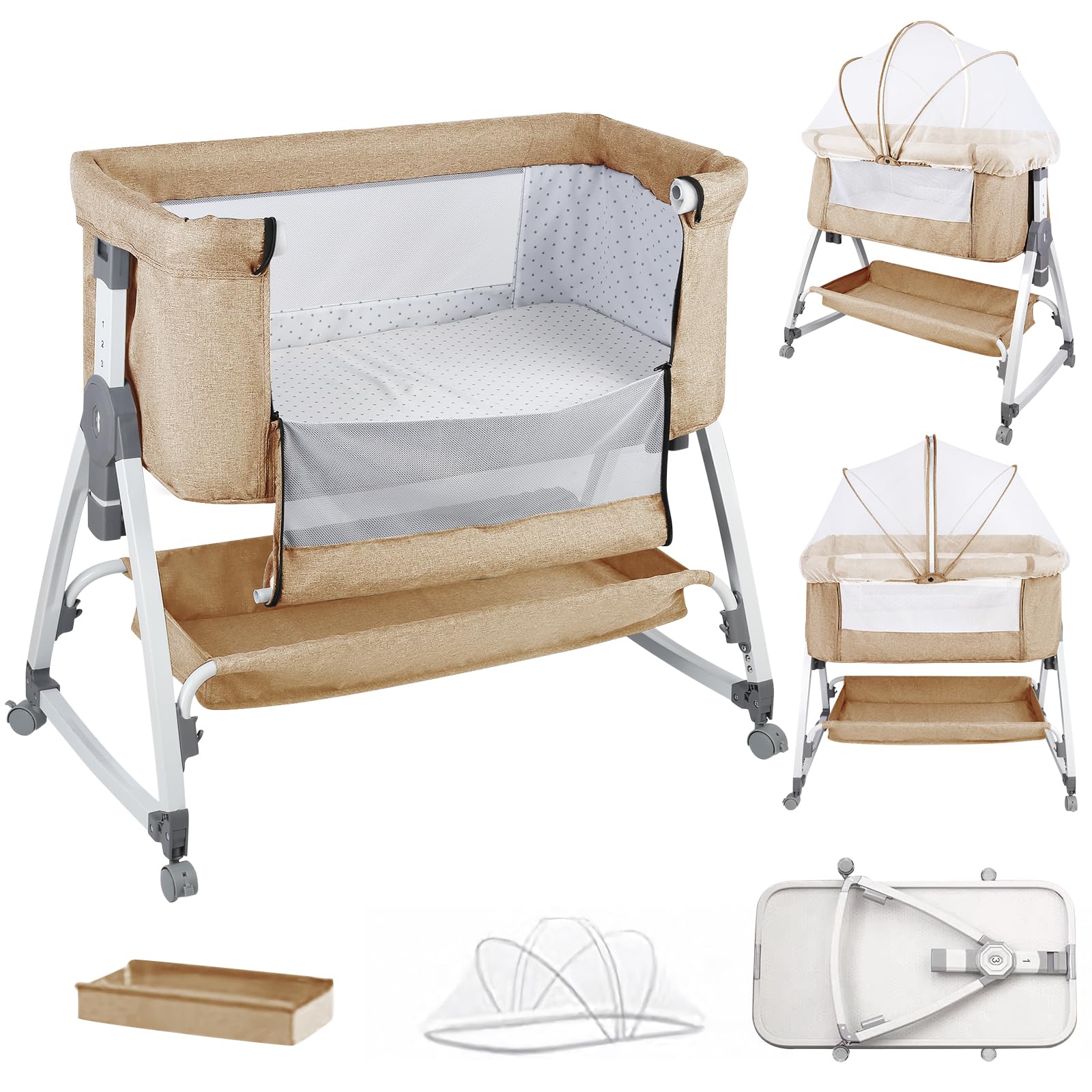 3 in 1 Berceau Cododo avec Matelas et Moustiquaire Lit pour Les Bébés de 1 à 36 Mois Pliable Berceau bébé Mobile Lit d'Appoint,Lit cododo,Inclinaison réglables (Blanc de riz（80*40*100-115cm）)