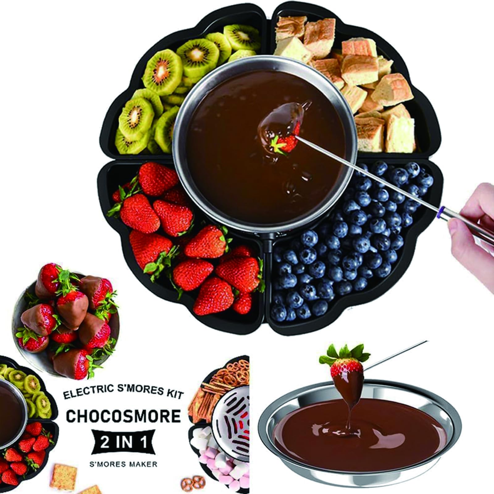 Set 2-en-1 S'Mores & Fondue de Chocolate – Tostador Eléctrico de Malvaviscos de 280W con Control de Temperatura & 14 Accesorios, Kit Indoor para S'Mores para Fiestas, Noches de Cine & Regalos