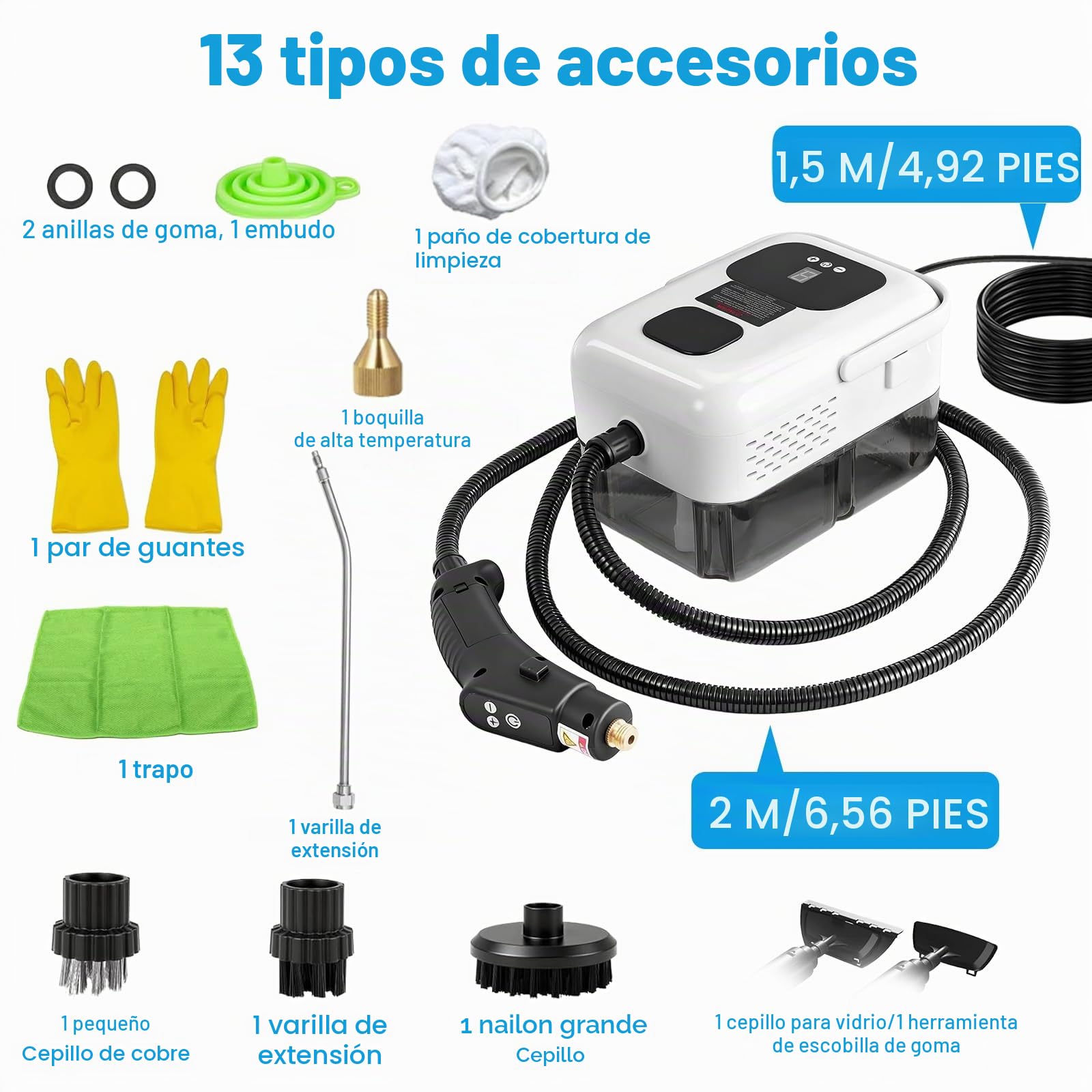 Teodute 1500W Limpiador a Vapor Portátil, con 13 Accesorios, 1,2L Depósito Agua Grande Steam Cleaner, Limpiador de Vapor cocina Baño Patio Azulejos Juntas Suelos y Limpieza Coches