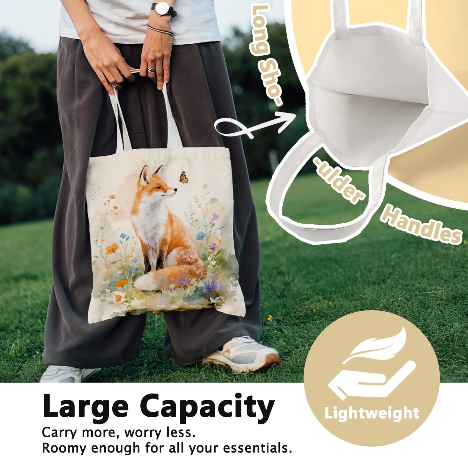 Cute Fox Canvas Tote Bag for Women Girls Fox Lovers, Fox Gifts, Reusable Grocery Bags Shopping Bags - Image 2