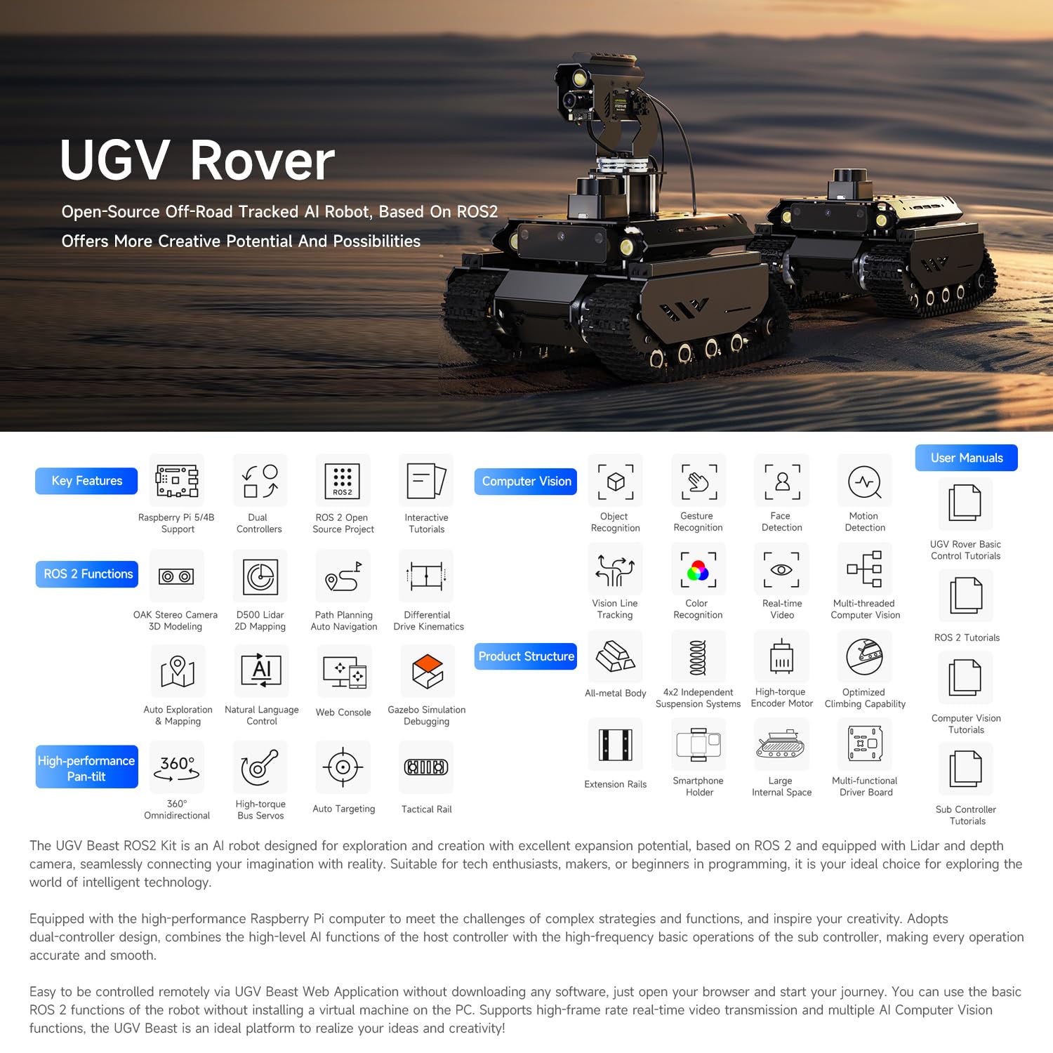 Waveshare UGV Beast ROS 2 Open-Source Off-Road Tracked AI Robot