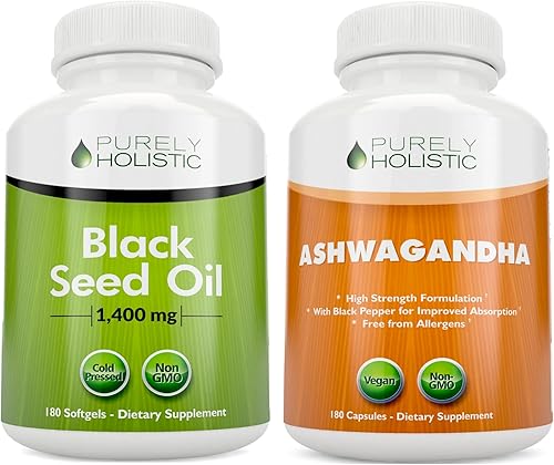 Purely Holistic Aceite de semilla negra de 1400 mg + paquete de Ashwagandha orgánica de 1300 mg – 180 cápsulas blandas + 180 cápsulas – Fácil de