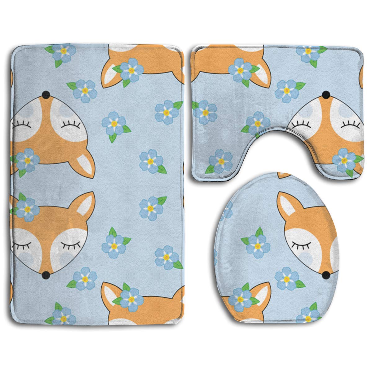 DAWN&ROSE Non-Slip Absorbent Super Cozy Flannel Bathroom Rug Carpet Toilet Seat Cover and Rug with Large Foxes Pattern
