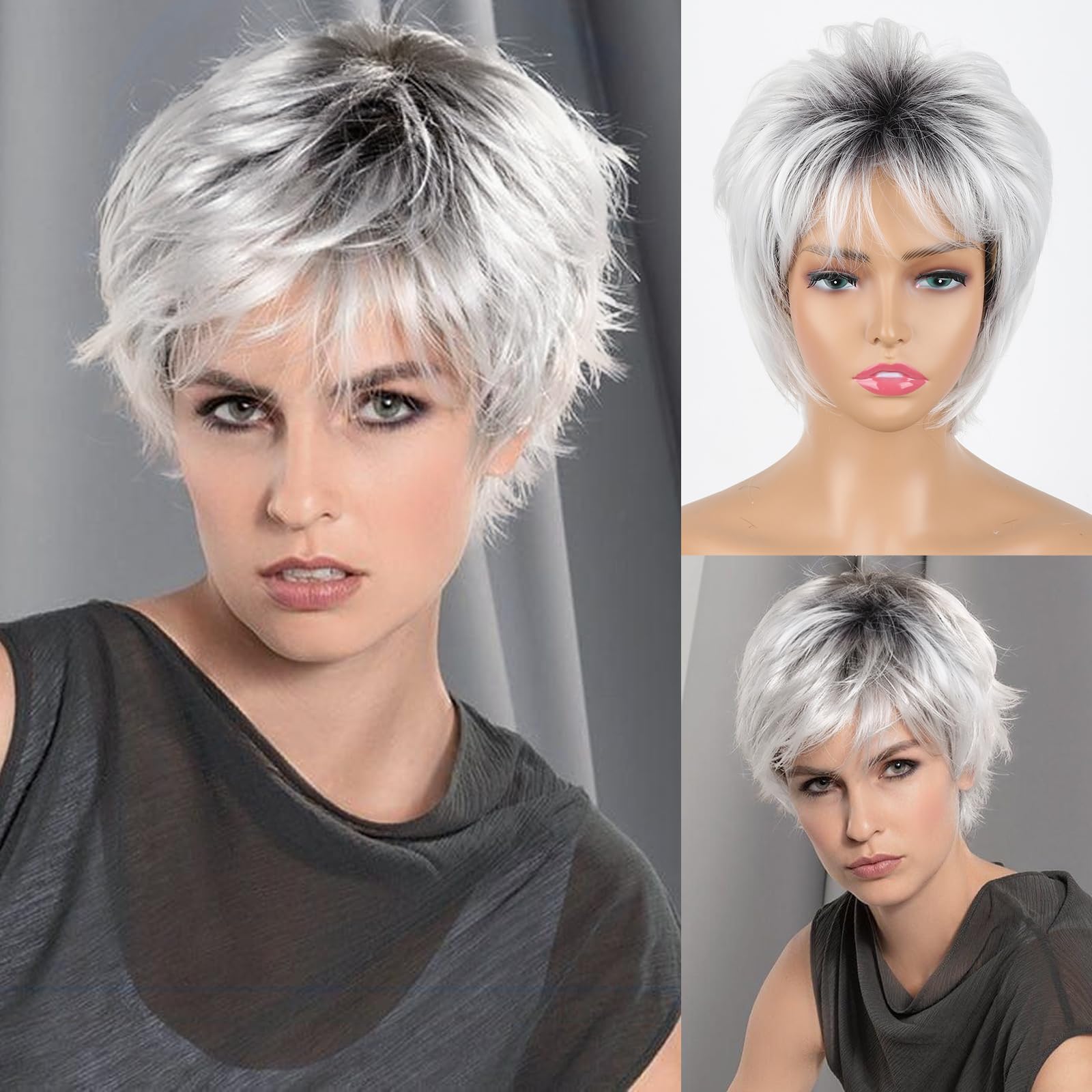 Matthia Ombre Grey Wig Short Hair Pixie Synthetic Wigs for White Women, Pixie Cut Wig Ombre Gray to White Short Wigs Layered Realistic Wigs for White