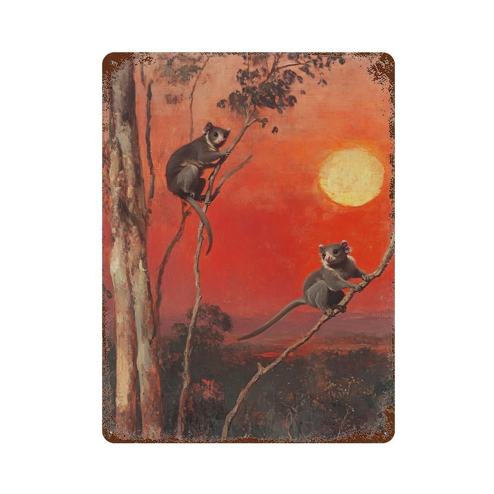 Two Possums at Sunset Vintage Rust Metal Sign 15.7"x11.8", for Basement, Hobby Room And Garage Decor, Farmhouse Wall Decor