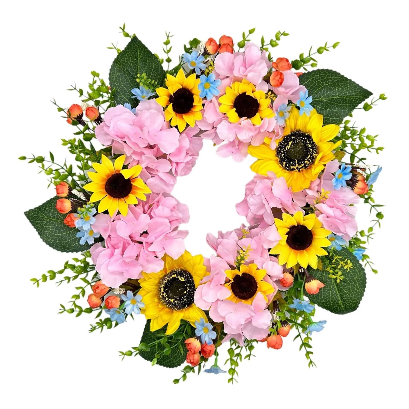 Door Wreath Wreath Front Door Spring And Summer Pink Hydrangea Sunflower Daisies Home Decoration(55cm)