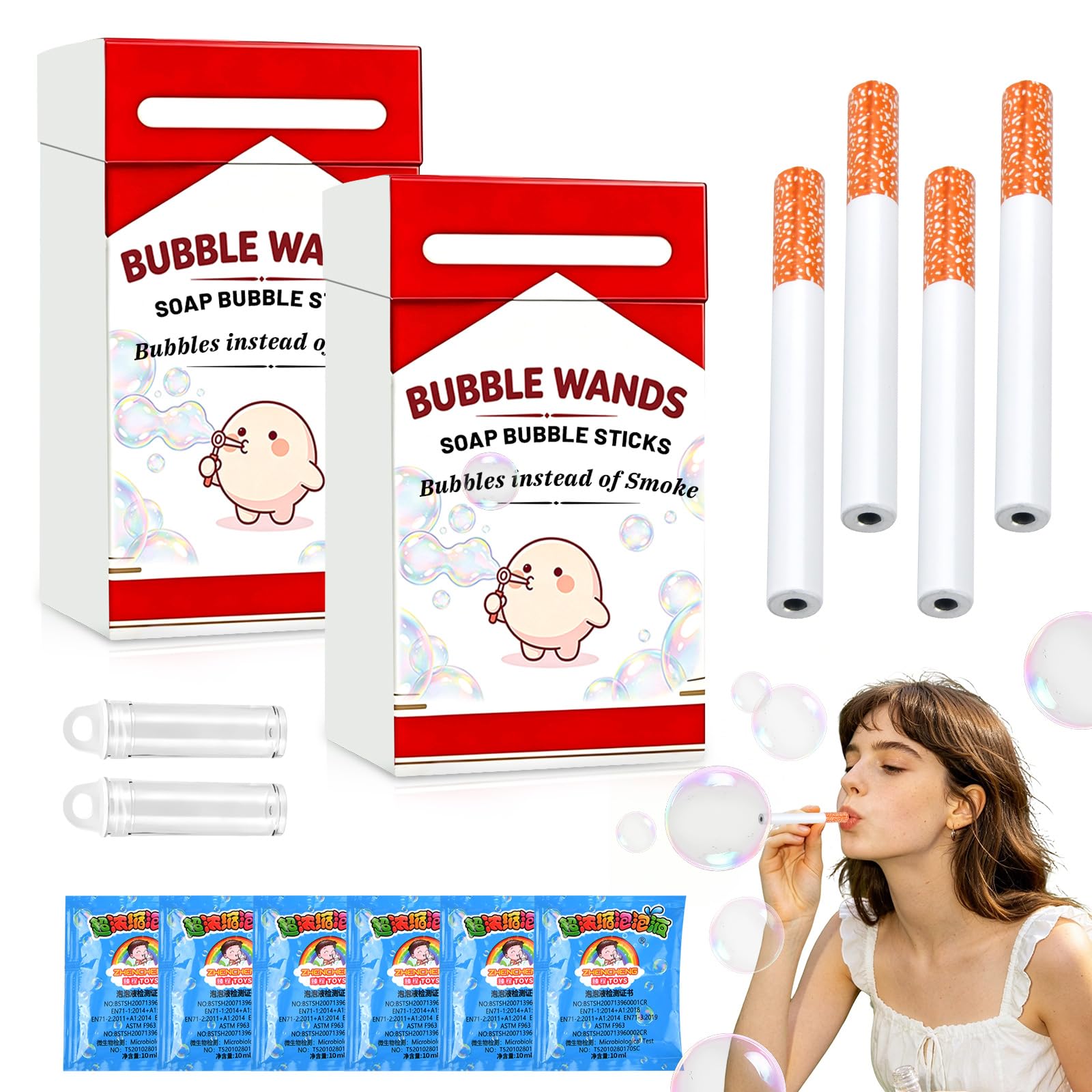 2PCS Bubble Cigarettes-Blowing Stress Relief Toys, Cute Fake-Cigarettes for Men Women, Fake Realistic Mini Bubbles Wand Toys Bubble Machine Liquid, Funny Gifts for Men Women Birthday Party