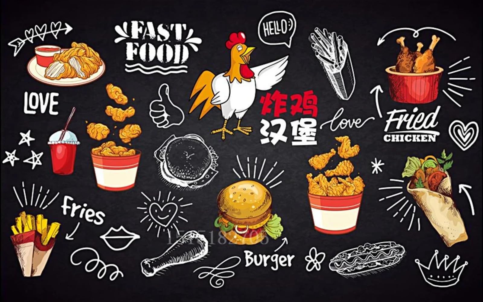 3D mural tablica ręcznie malowane burger tapety jadalnia fast food tło tapeta ścienna, 3D, 430 x 300 cm