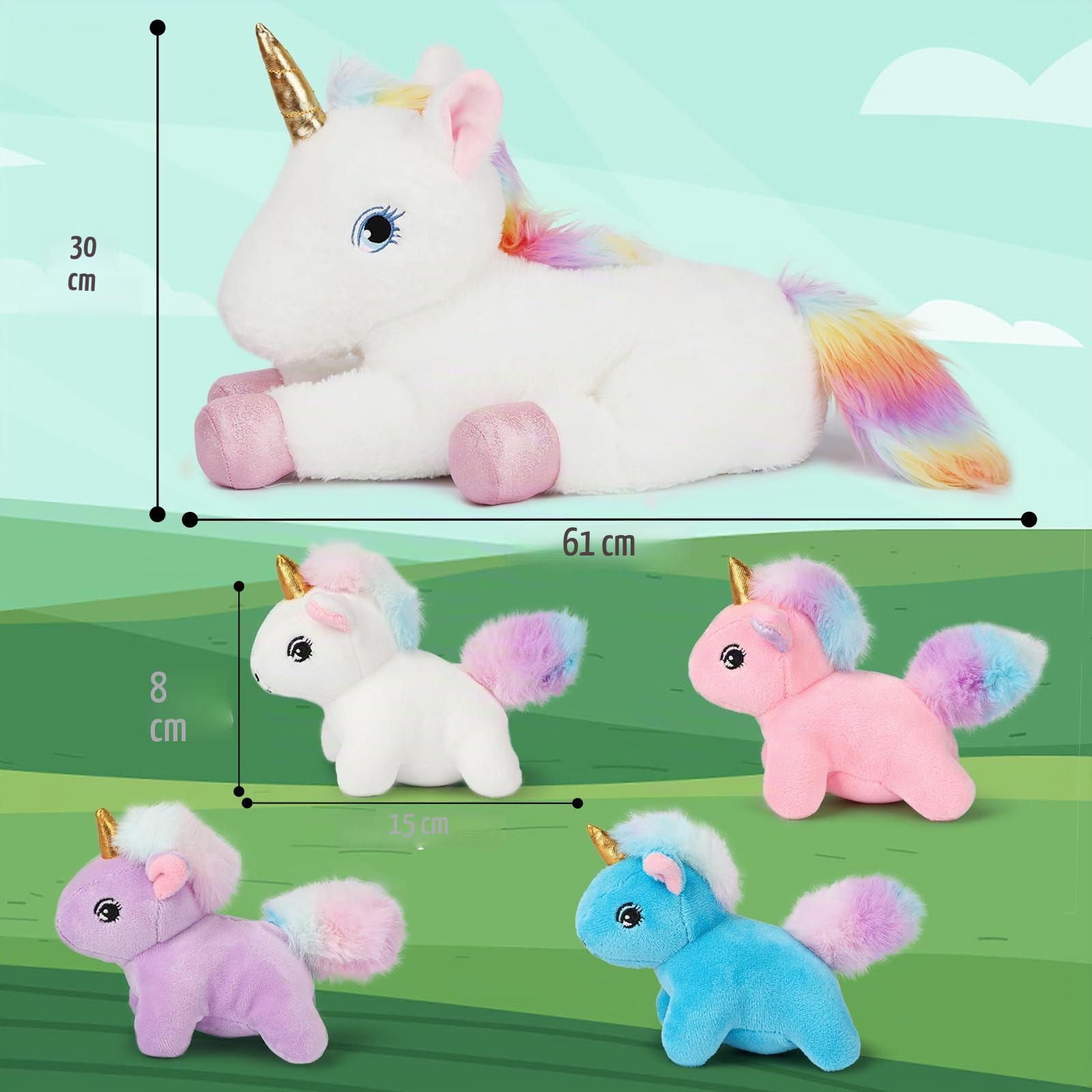 Jouet en Peluche Licorne de 61 cm pour Filles de 3 à 9 Ans, Belle Mère aux Yeux et Quatre Bébés, Cadeau de Noël et d'Anniversaire