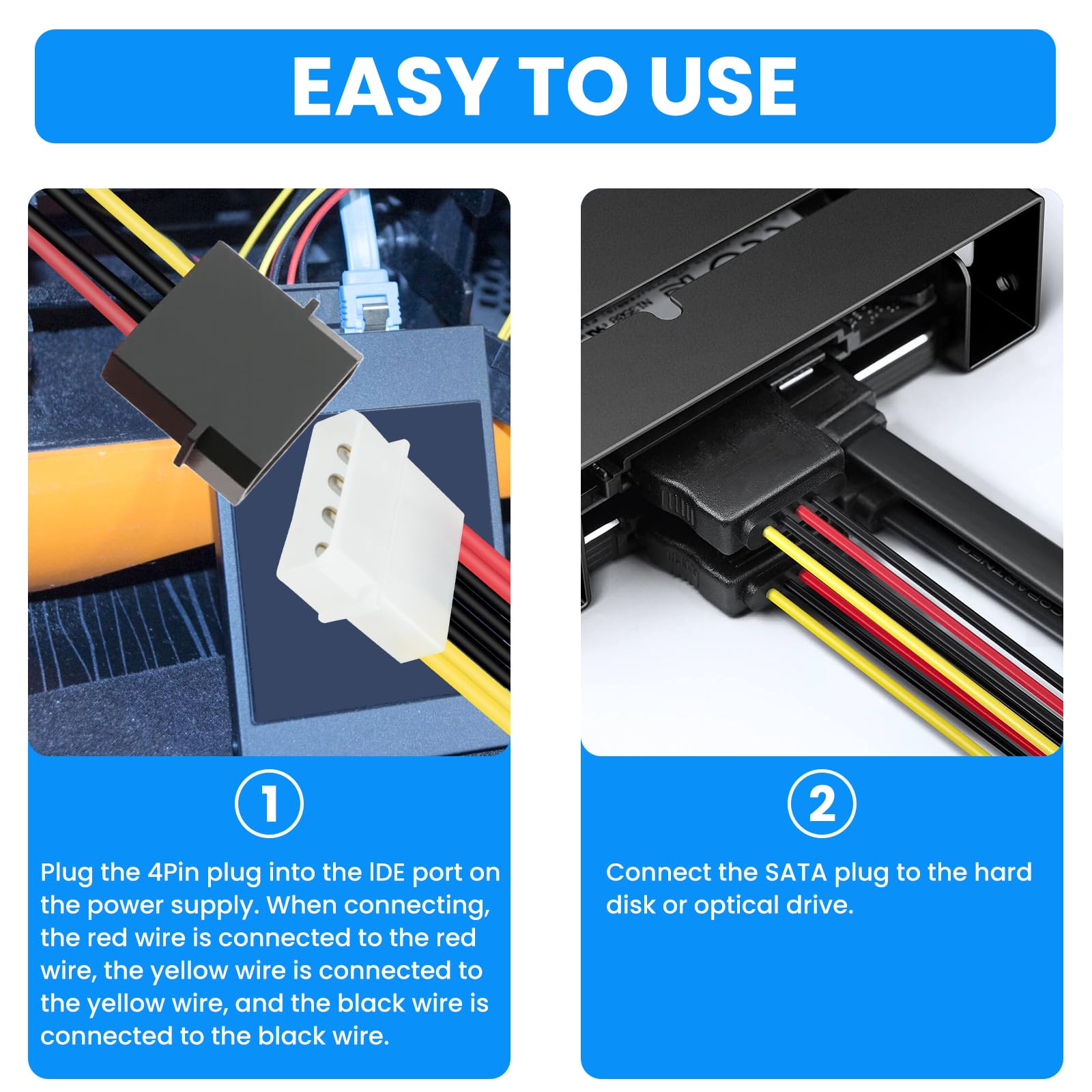 SDTC Tech, cavo adattatore splitter a 4 pin maschio IDE Molex a 15 pin femmina Dual SATA, 18 AWG, in rame, cavo di prolunga per hard disk Serial ATA (20 cm), confezione da 2