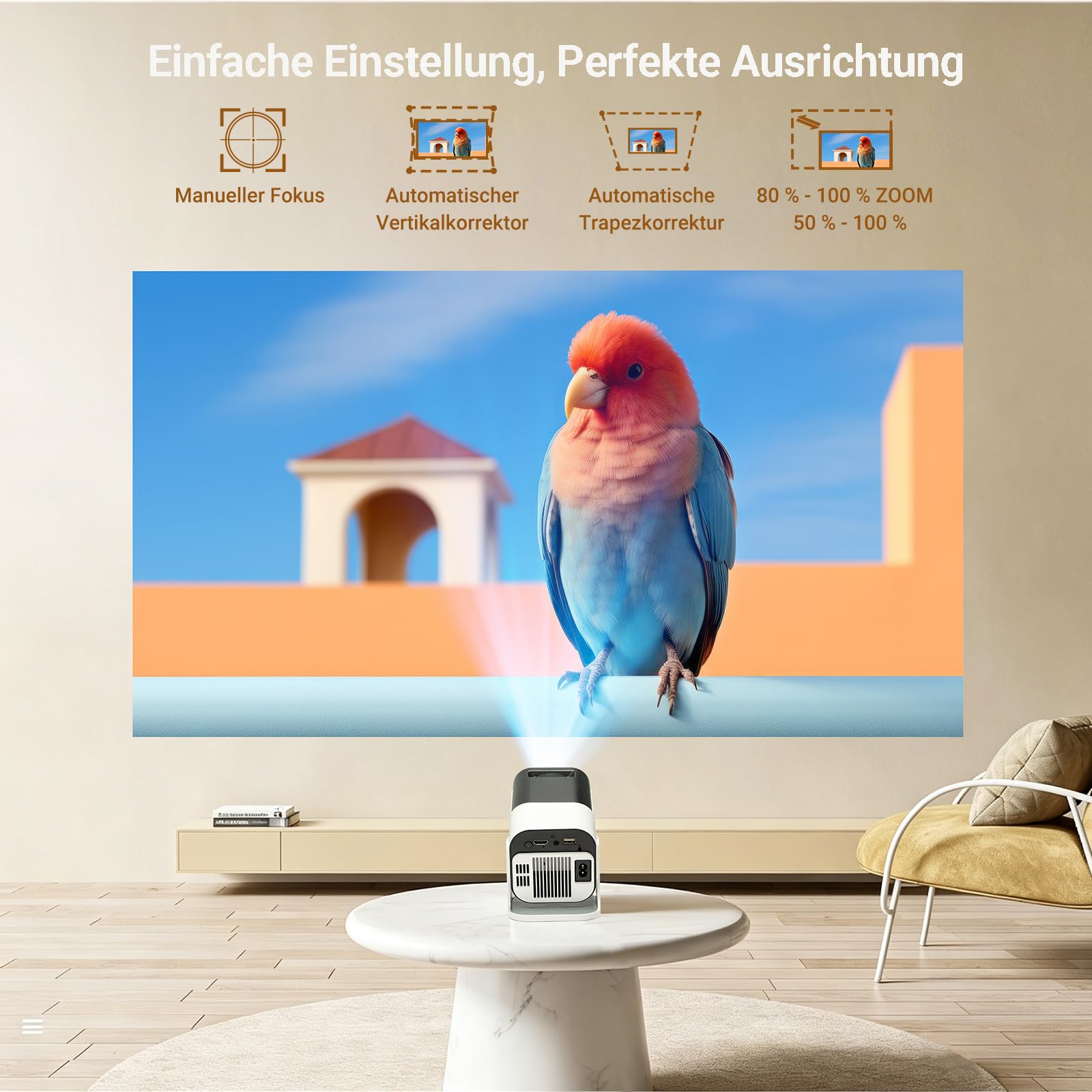 Mini Beamer Unterstützt 4K 1080P, Smart Tragbarer Projector WiFi 6 BT 5, Mini Projektor Automatische Trapezialkorrektur,180° Drehung Beamer Heimkino Outdoor für HDMI/Android/iOS/Laptop/Handy