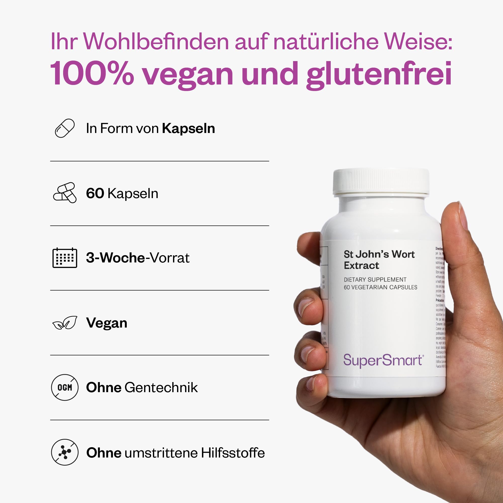 St. John's Wort Extract - Johanniskraut extrakt - Hypericin-Konzentrat (0,3%) - trägt zur Verbesserung der Stimmung bei - hilft bei Schlafproblemen - vegan - glutenfrei - SuperSmart