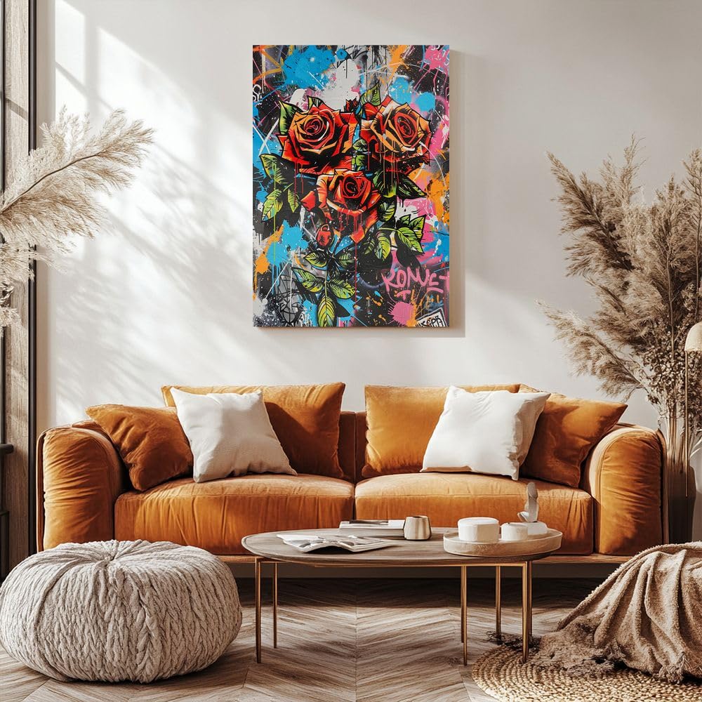 Fchen art Poster su tela con graffiti di strada e rose rosse, stile hip hop, poster su tela, decorazione da parete moderna per camera da letto, poster pronto da appendere, 60 x 90 cm