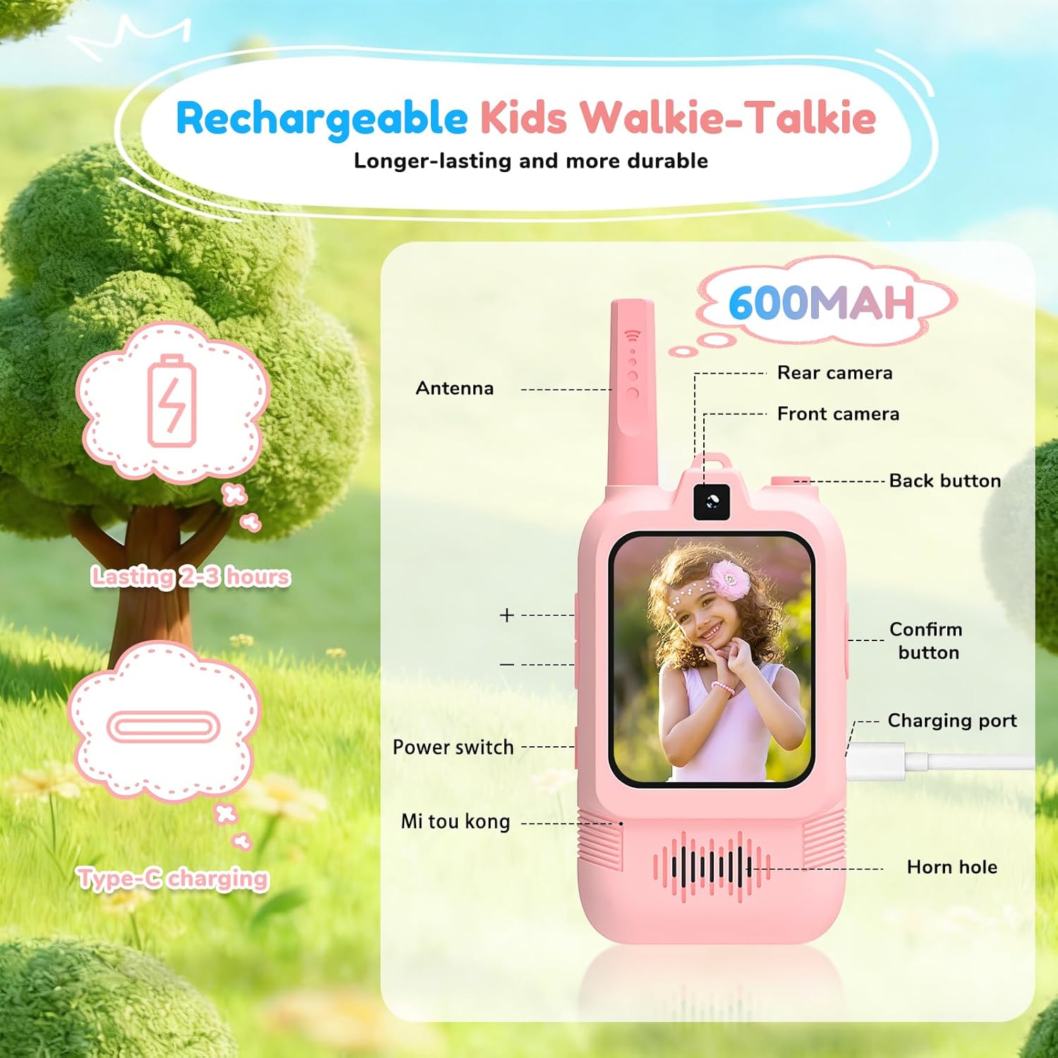 2 Pack Video Walkie Talkies for Kids, Long Range Rechargeable Video Walkie-Talkie, Video Call Toys for Boys Girls Ages 3-12, for Indoor, Outdoor, Hiking, Birthday Gift Etc (Blue & Pink)