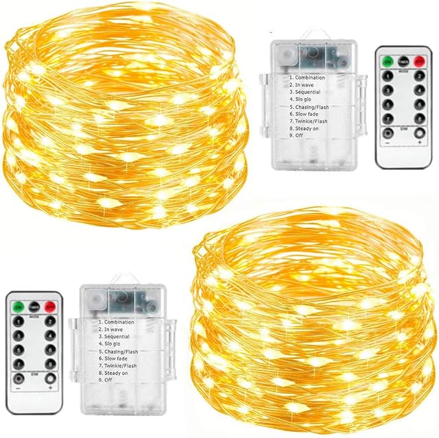 Fairy String Lights, 2 Set 33ft 100 Led Fairy Lights Battery Operated Copper Wire Lights with Remote Control, 8 Mode Waterproof Lights for Home Garden Bedroom Centerpiece Wedding Party (Warm white)