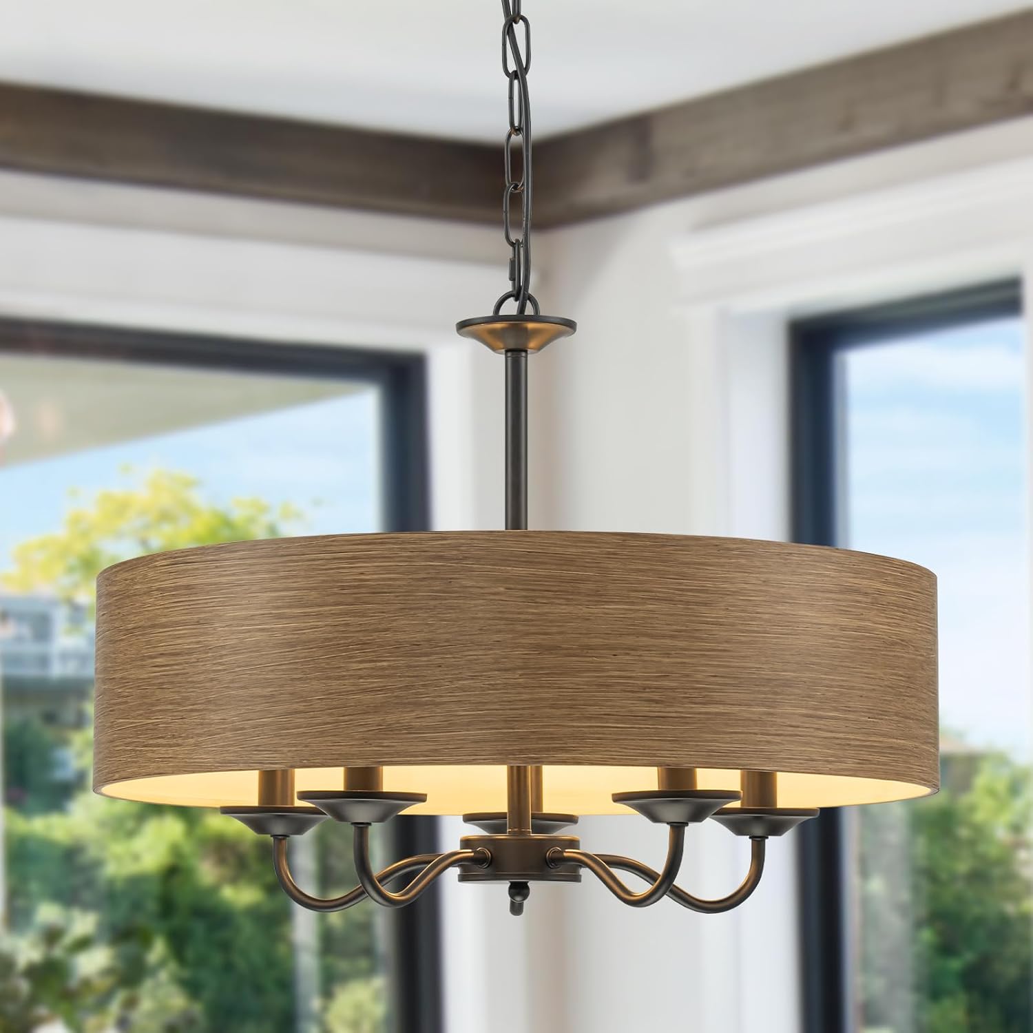 Drum Round Farmhouse Chandeliers for Dining Room,22" Faux Wood Paint Finish Metal Dining Room Light Fixture Over Table,Rustic Vintage Pendant Light for Kitchen,Entryway,Living Room