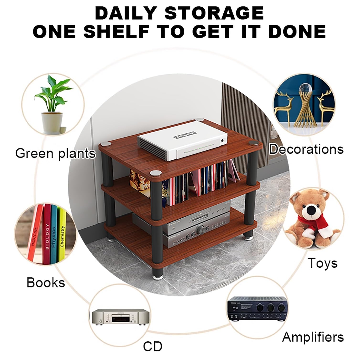 Scaffale portatile per archiviazione multimediale, mensola da gioco e rack audio, supporto AV salvaspazio per proiettore, lettore DVD e console di gioco, facile da montare, finitura in legno (60 x 40