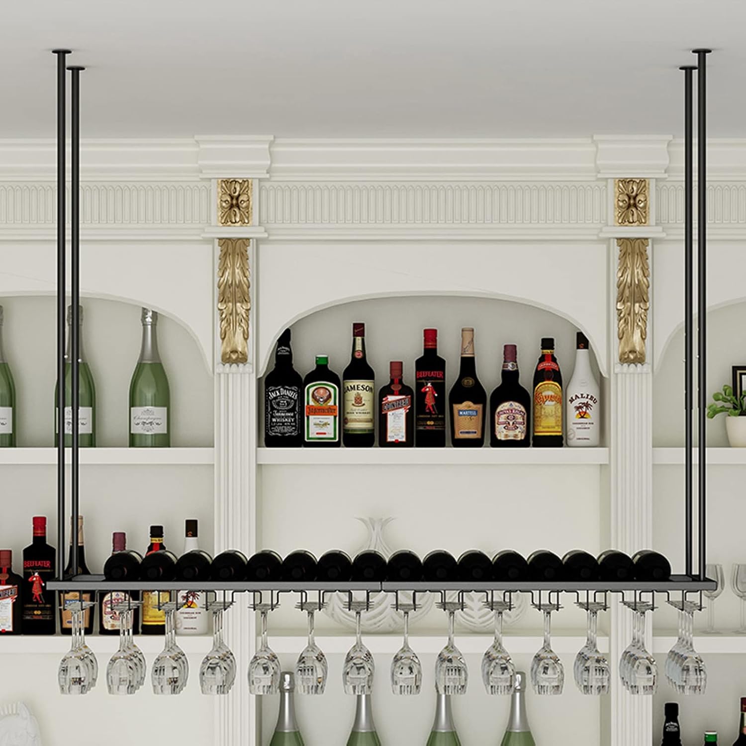 Ceiling Hanging Bar Unit s Wine Bottle Glass Cup Racks Wall Mounted Iron, Adjustable Height, Black Ceiling Hanging Holder Storage Shelf/Shelving for Under Cabinet, Kitchen, Bar (Size : 80x25