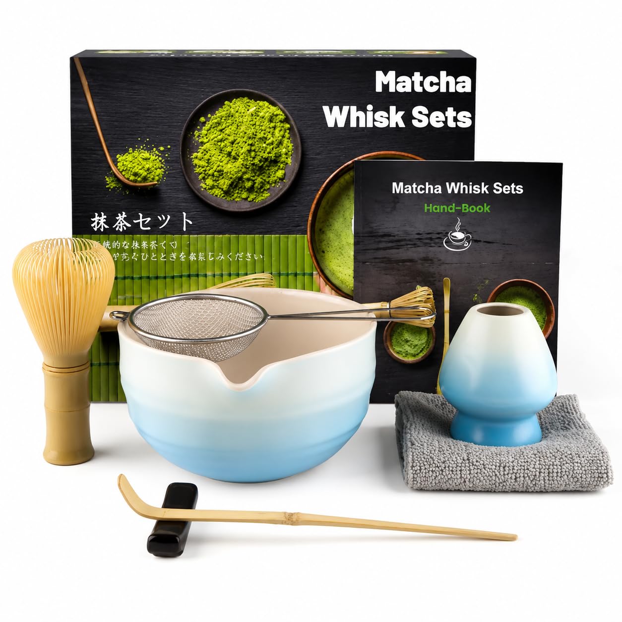 Muexoee 7 Pcs Matcha Set,Matcha Tea for Making Breakfast/Latte,Whisk Set and Bowl with All Accessories，Authentic Tea Ceremony，Gradient Blue Bowl, Stirrer Yellow