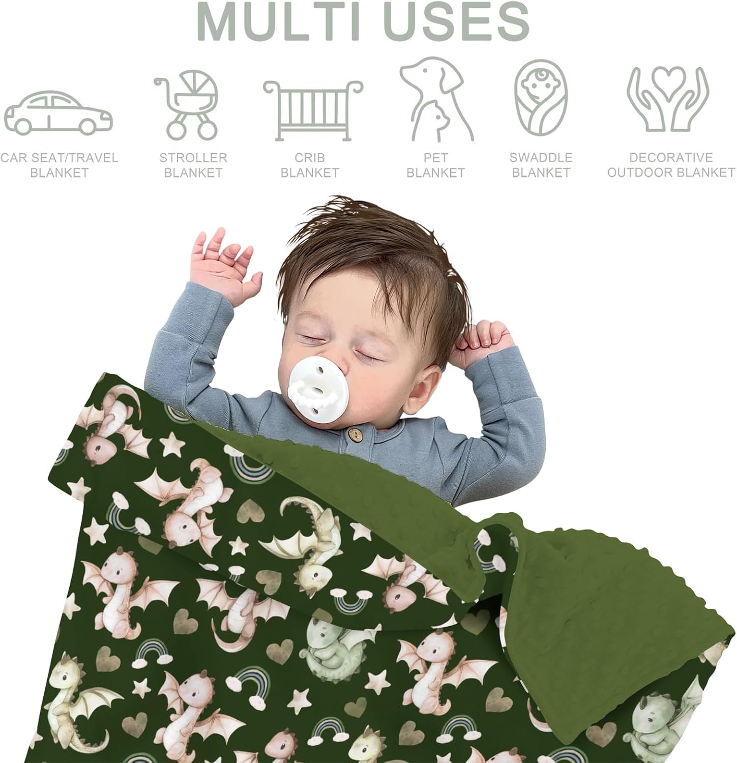 Fairytale Dragon Love Stars Baby Blankets for Girl Boy Baby Dragons Green Soft Mink with Dotted Backing Double Layer Swaddle Blanket Fantasy Animal Bed Throws for Newborn Toddler Crib 30x40