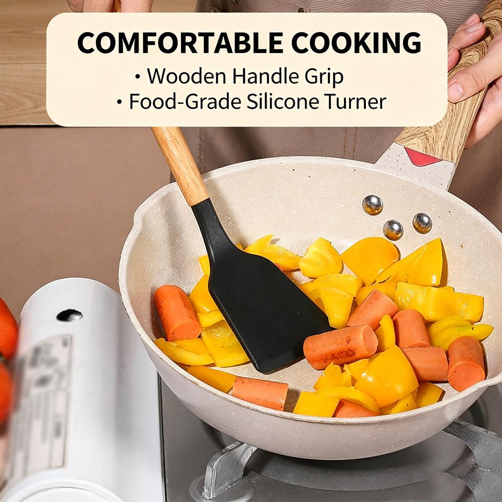 Set di 19 Utensili da Cucina in Silicone con Coltelli in Acciaio Inox E Supporto, Kit di Strumenti Antiaderenti con Manico in Legno per La Cucina Domestica Quotidiana off-White