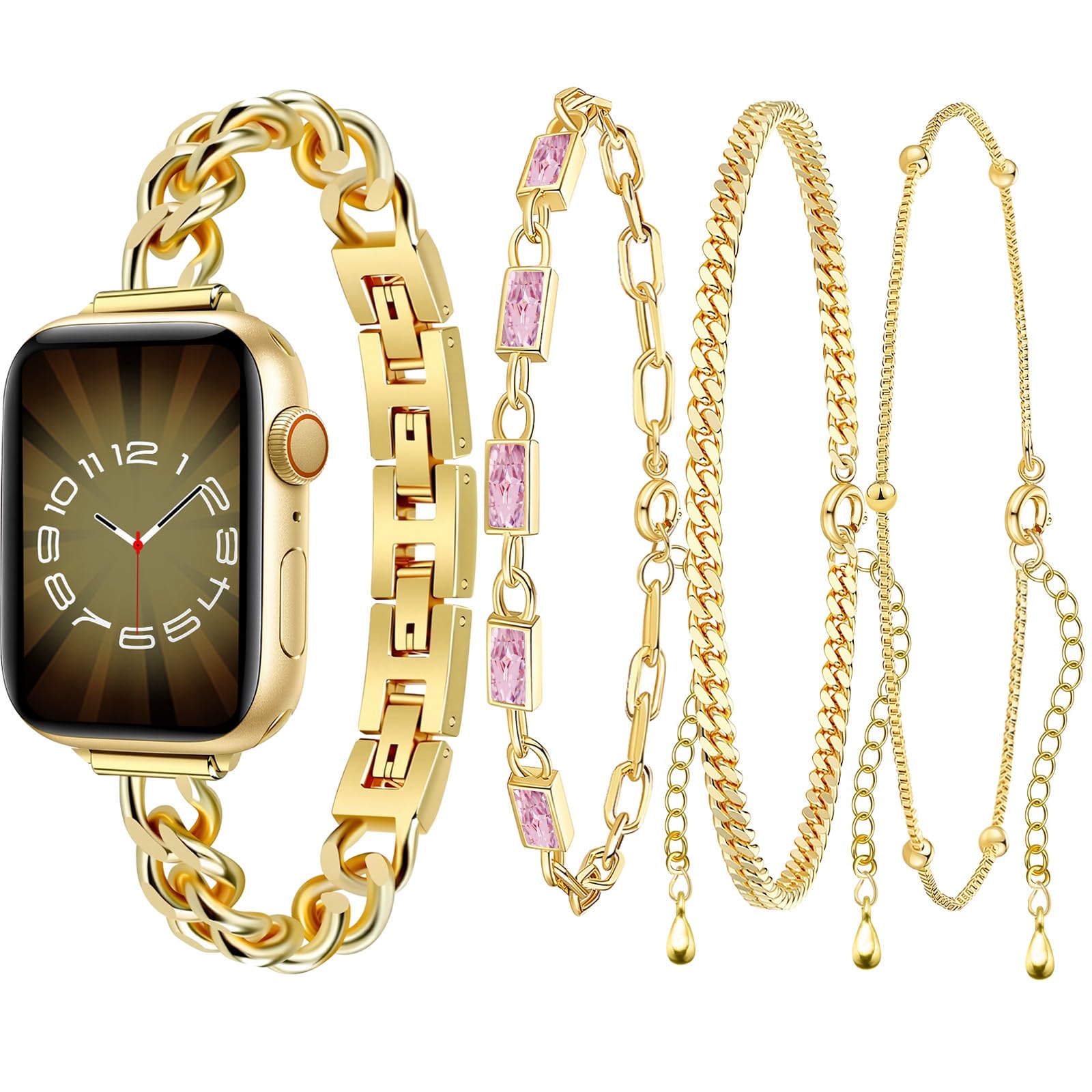 Photo 1 of VIQIV Gold Watch Band and 3PCS Bracelets Stack Set for Women Compatible with Apple Watch 44/45/46/49/38/40/41/42mm Slim Stainless Steel Metal Straps for iWatch Series 11 10 9 8 7 6 5 4 3 SE Ultra 3 2
