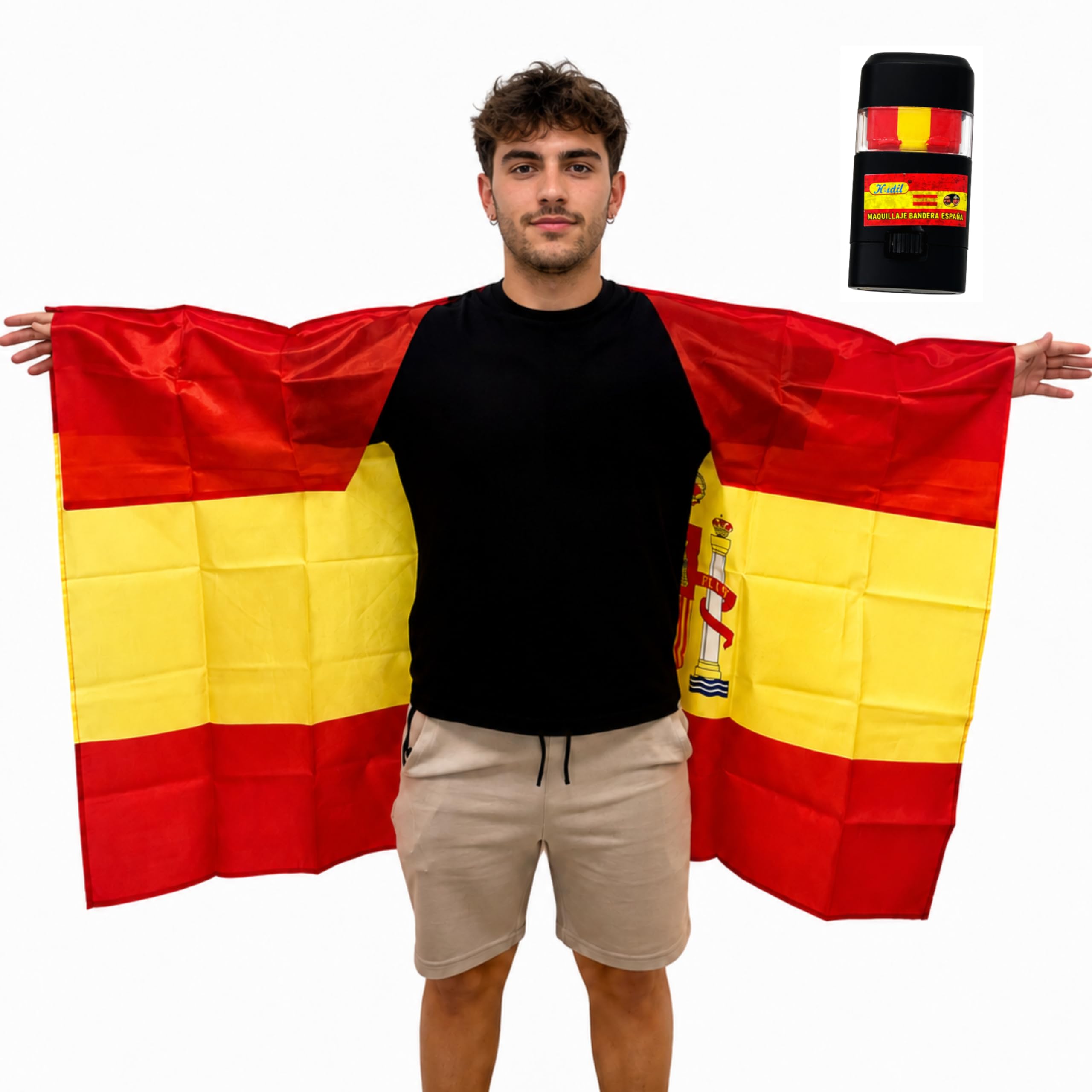 Kit Aficionado España con Bandera con Mangas y Pintacaras | Capa Bandera Española Grande + Maquillaje Bandera de España | Ideal para Fútbol, Peñas, Fan Zones y Eventos