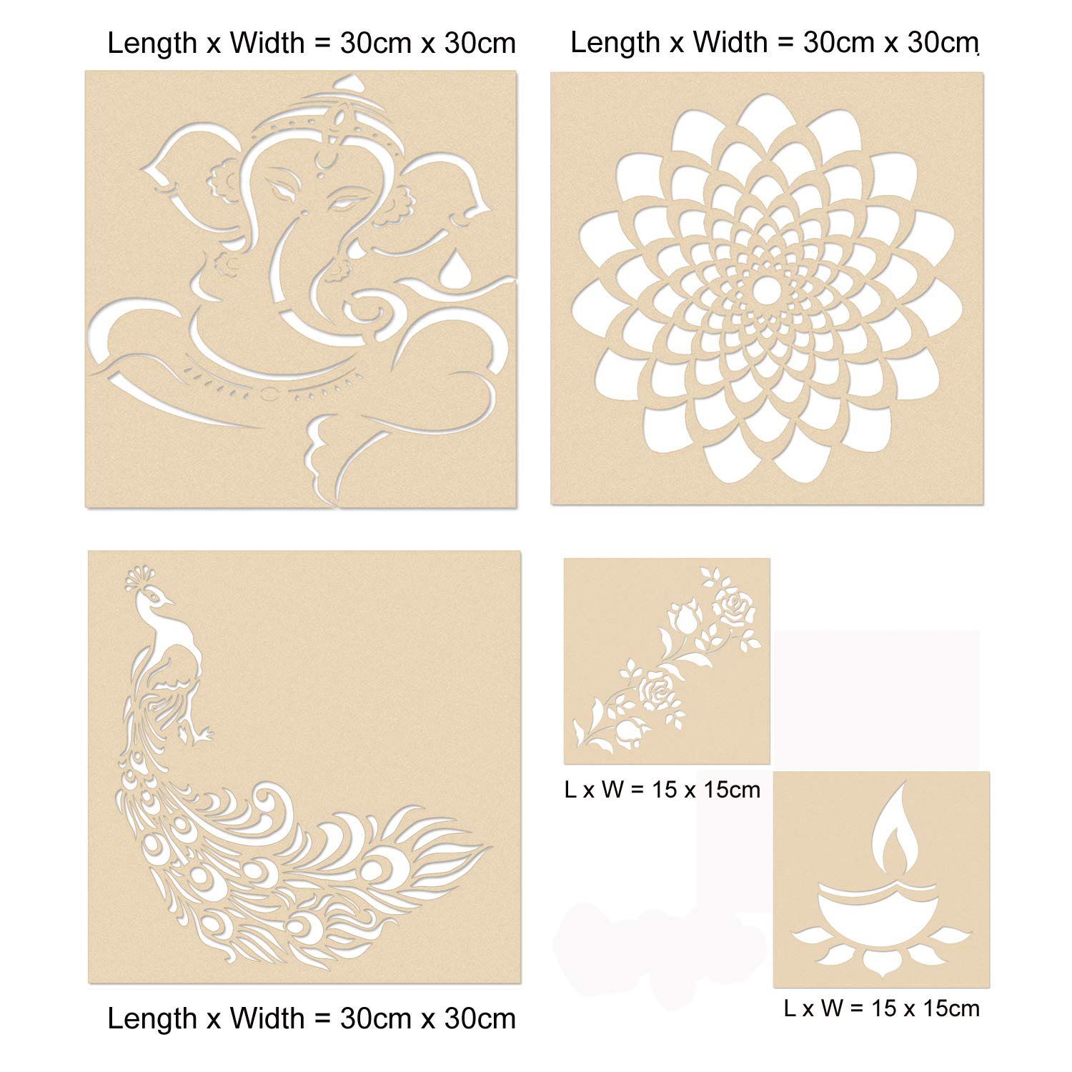 Rangoli Lot de 5 pochoirs pour sol Big Diwali, Pochoirs pour Peinture, avec 6 couleurs différentes (bois, 30 x 30 cm, lot de 5) par Indian Collectible