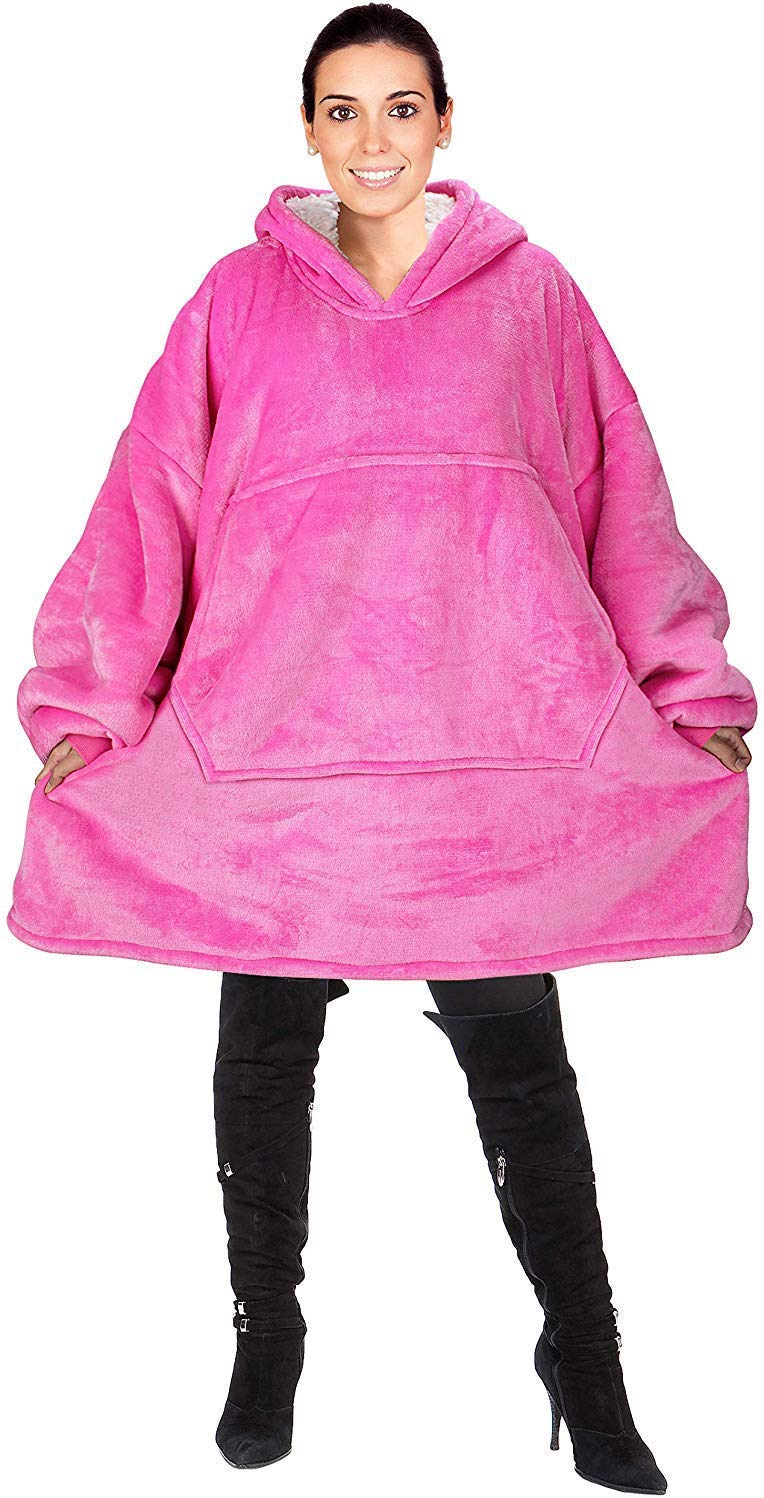 Hoodie Robe, Sweatshirt Blanket Soft Warm Hoody Front Pocket Plush Fleece Warm Blankets For Home Women Men Pink2