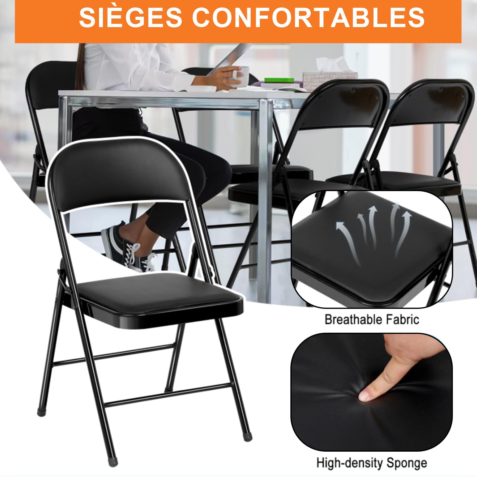 Chaise Pliante Confortable, Set de 6 Chaise Pliante Interieur, Chaise Pliante Exterieur jusqu'à 158 KG,métal Chaise Pliable pour invités, Cuisine, Camping, Chaise de Jardin Pliante Noir