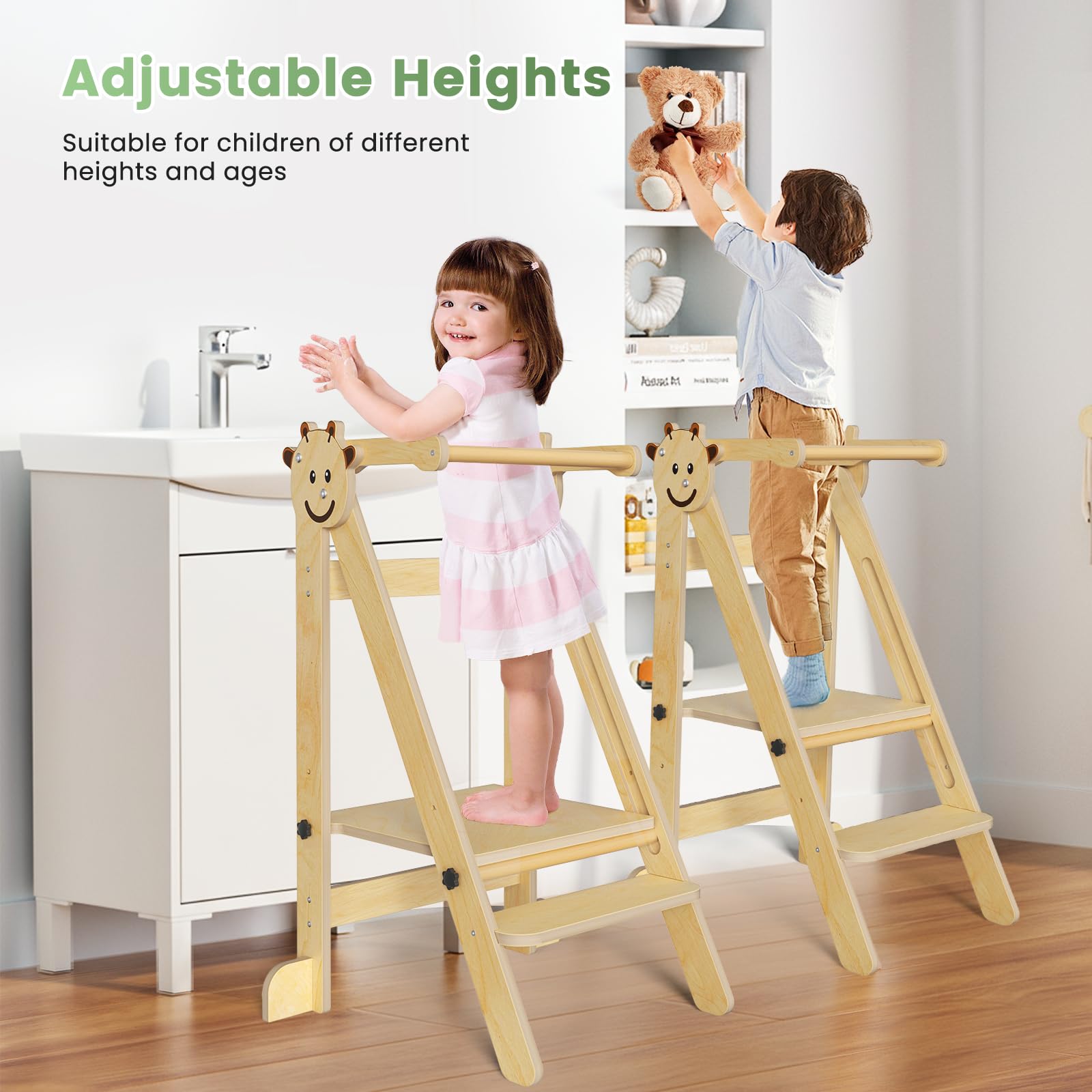 Montessori - Torre di apprendimento per bambini, regolabile in altezza, in legno, sgabello pieghevole per bambini, con barra di sicurezza e design robusto