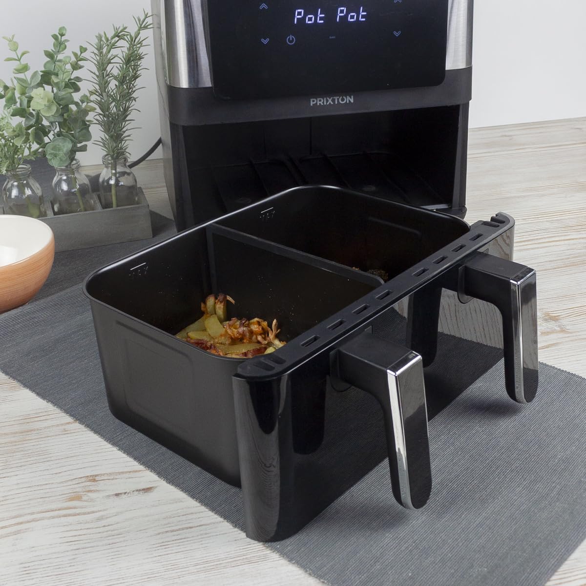 PRIXTON Freidora de aire sin aceite 8 litros con doble compartimento Cook Organics Dual, Ventana transparente, Iluminación interior, Pantalla táctil, Pared Divisoria