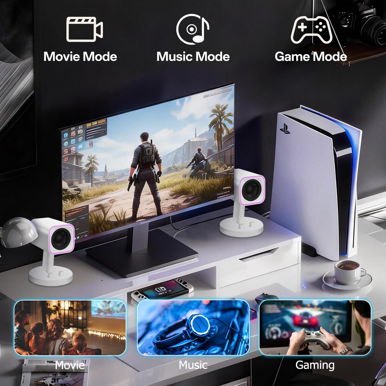 Sanyun SW202 24W Compact Computer Speakers, DSP 3 Modes 16bit USB DAC Bluetooth 5.2, 2.0 PC Multimedia RGB Gaming Speakers for Desktop Monitor Laptop, (Game/Movie/Music, White) - Image 3