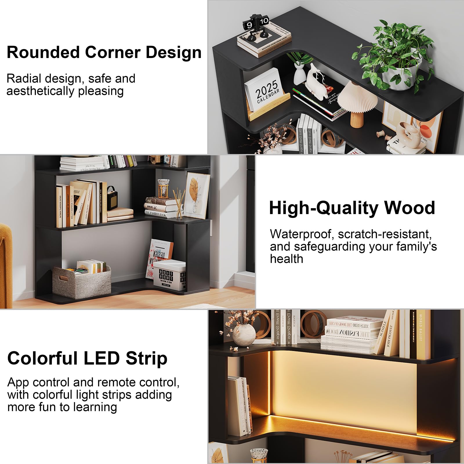 Libreria Angolare con Striscia Luminosa a LED, 5 Ripiano Libreria Nero, scaffale a forma di L, 90 x 48 x 169 cm, Grande Verticale per Soggiorno, Camera da Letto, Ufficio
