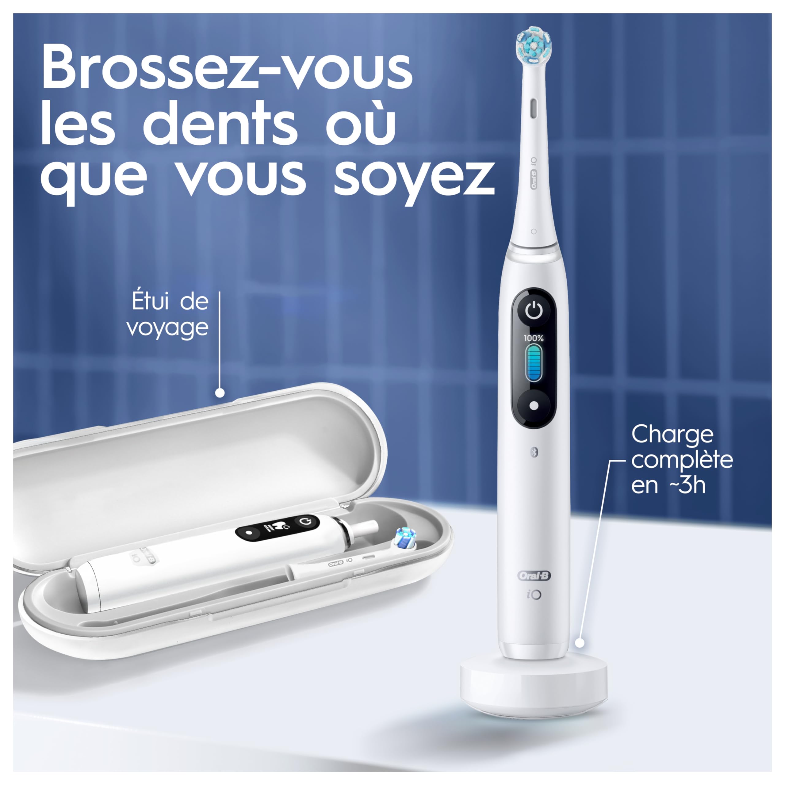Oral-B iO 8N Brosse À Dents Électrique Blanche connectée Bluetooth, 2 Brossettes, 1 Étui De Voyage, Ensemble de 4 pièces